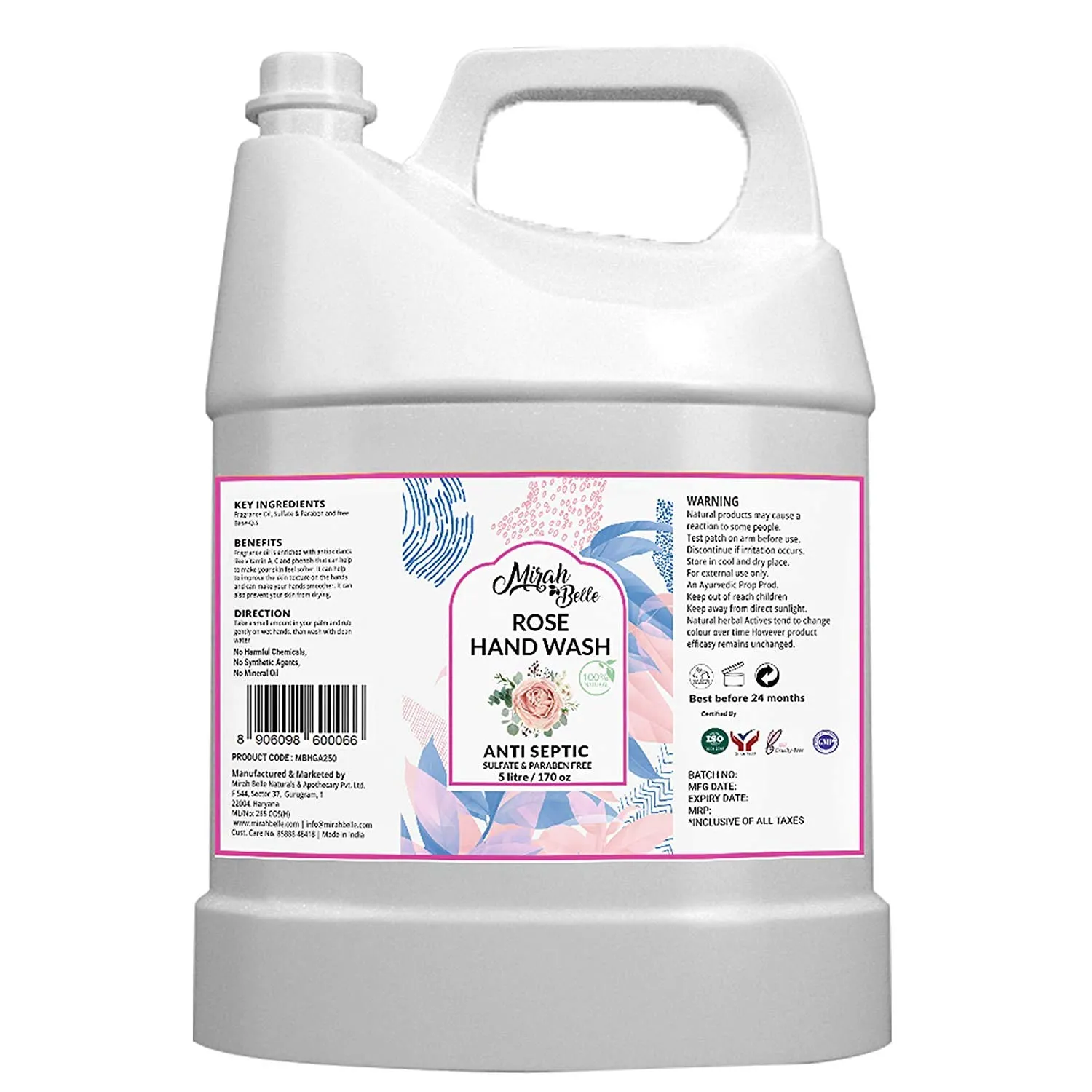 Mirah Belle - Rose Hand Wash Can (5 LTR - 1.32 Gallon) - Bulk Pack for Refill - Best for Men, Women and Children - Sulfate and Paraben Free - 5000 ML