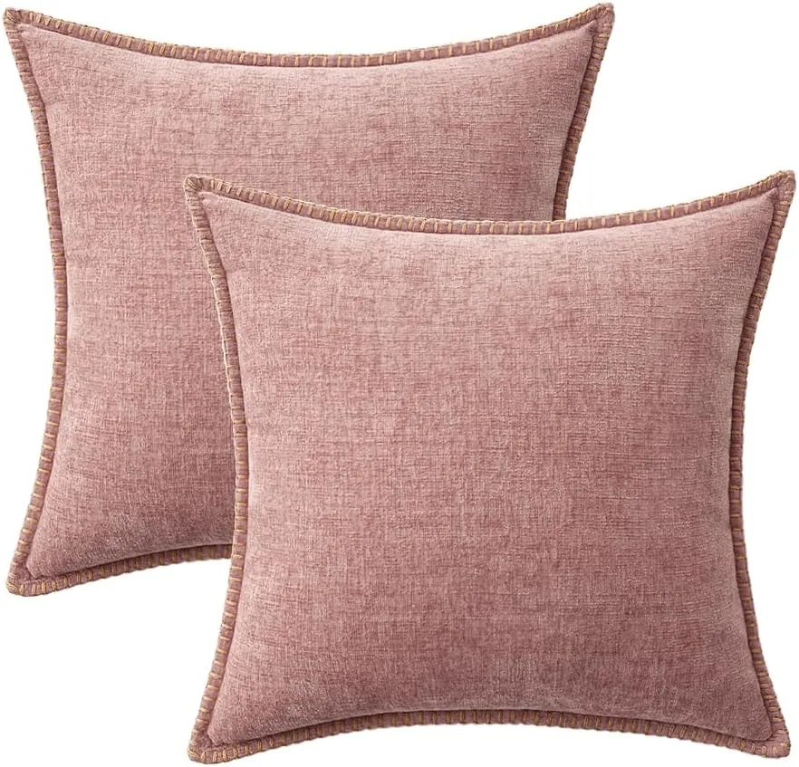 MIULEE Pack of 2 Couch Throw Pillow Covers 18x18 Inch Blush Pink Farmhouse Decorative Pillow Covers with Stitched Edge Soft Chenille Solid Dyed Spring Pillow Covers for Sofa Bed Living Room