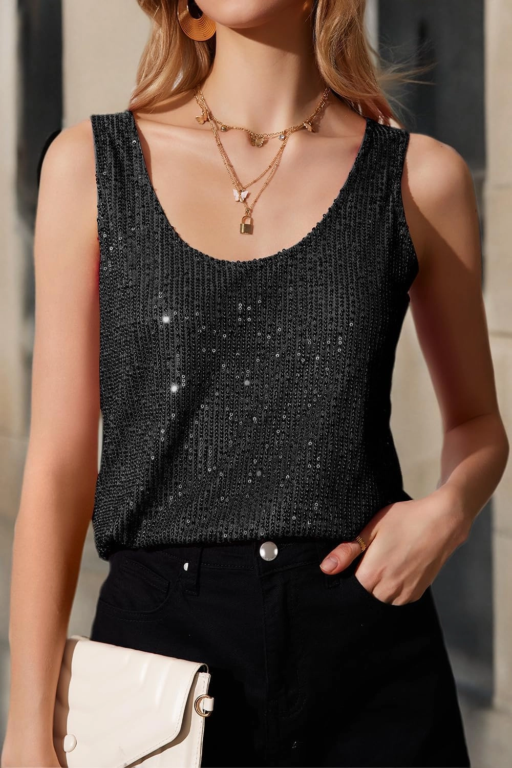 MLEBR Womens Summer Fashion Sequin Tops Scoop Neck Sequin Sparkle Shimmer Sleeveless Tanks Tops Blouses