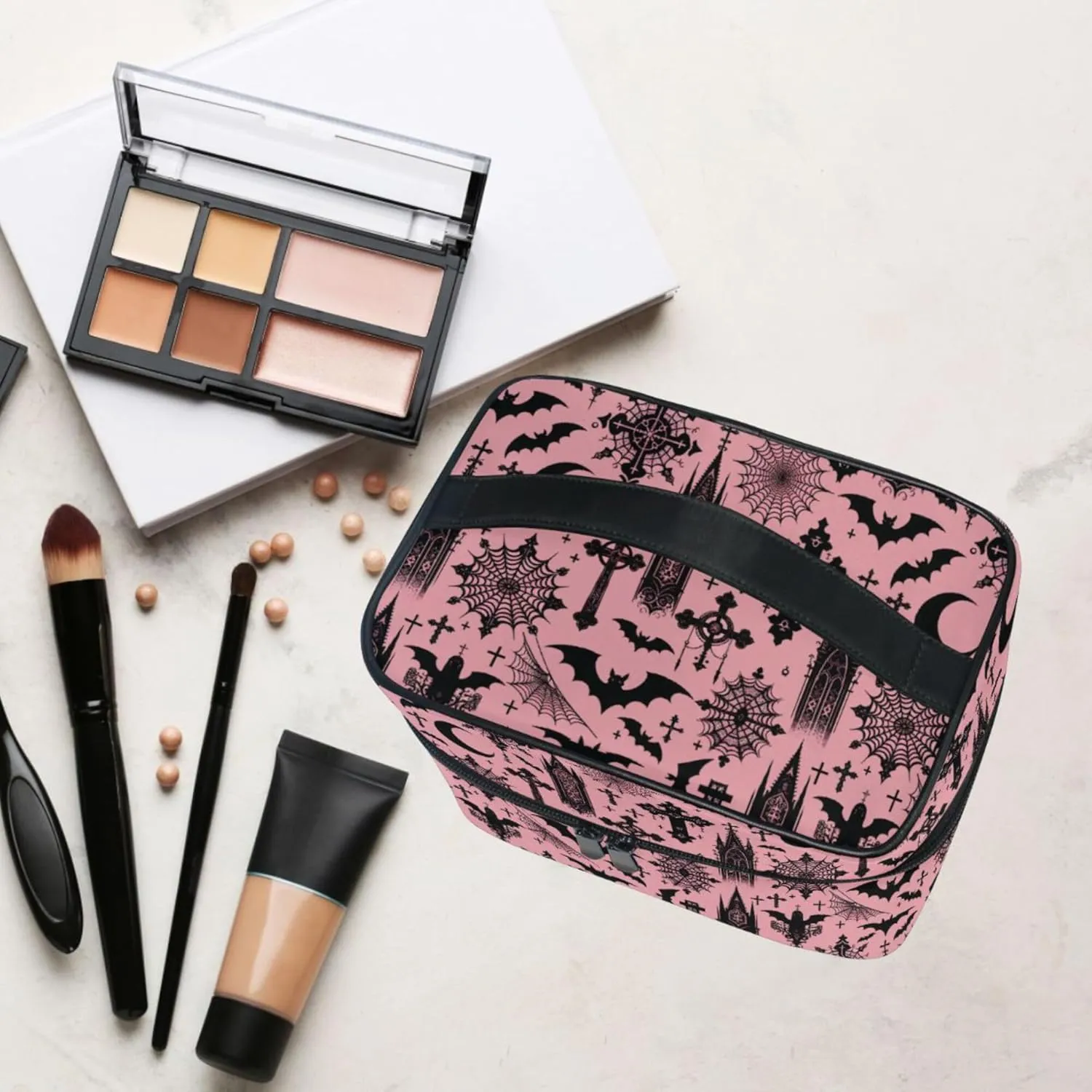 MNSRUU Makeup Bags, Black Gothic Moon Spider Webs and Bats Makeup Organizer Bags Toiletry Bag Box Travel Cosmetic Bag Make Up Train Case for Women Teen Girl Ladies