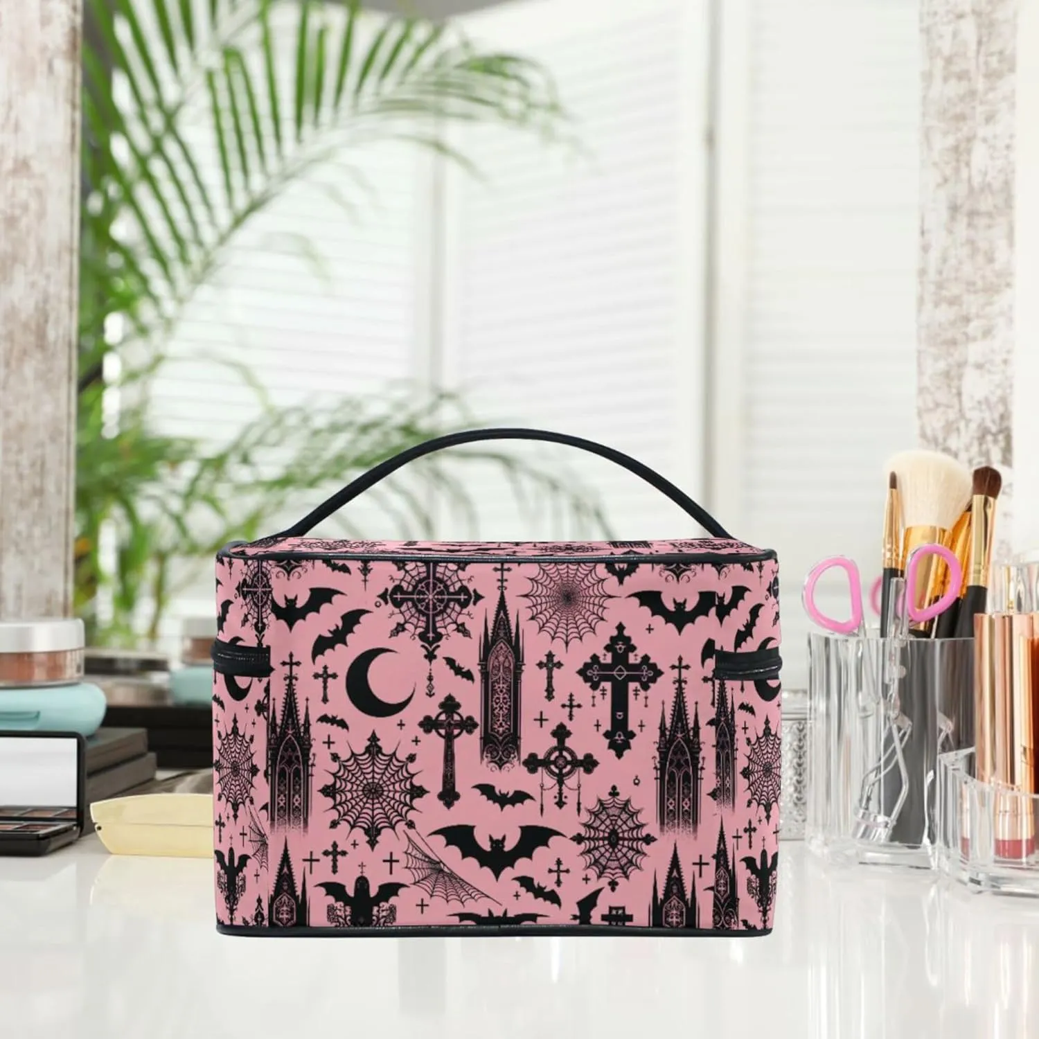 MNSRUU Makeup Bags, Black Gothic Moon Spider Webs and Bats Makeup Organizer Bags Toiletry Bag Box Travel Cosmetic Bag Make Up Train Case for Women Teen Girl Ladies