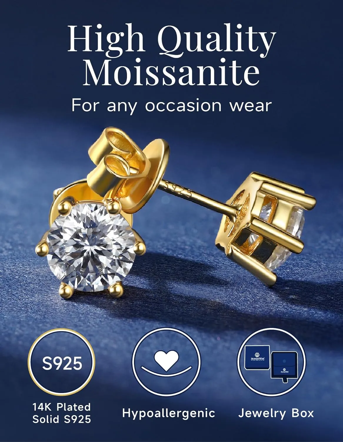 MomentWish 14K Gold Plated Stud Earrings, Birthday Gifts for Women, 1-2Carat Moissanite Earrings, Lab Created Diamond Earrings, Yellow/Rose Gold Plated 925 Sterling Silver Earrings Women Men