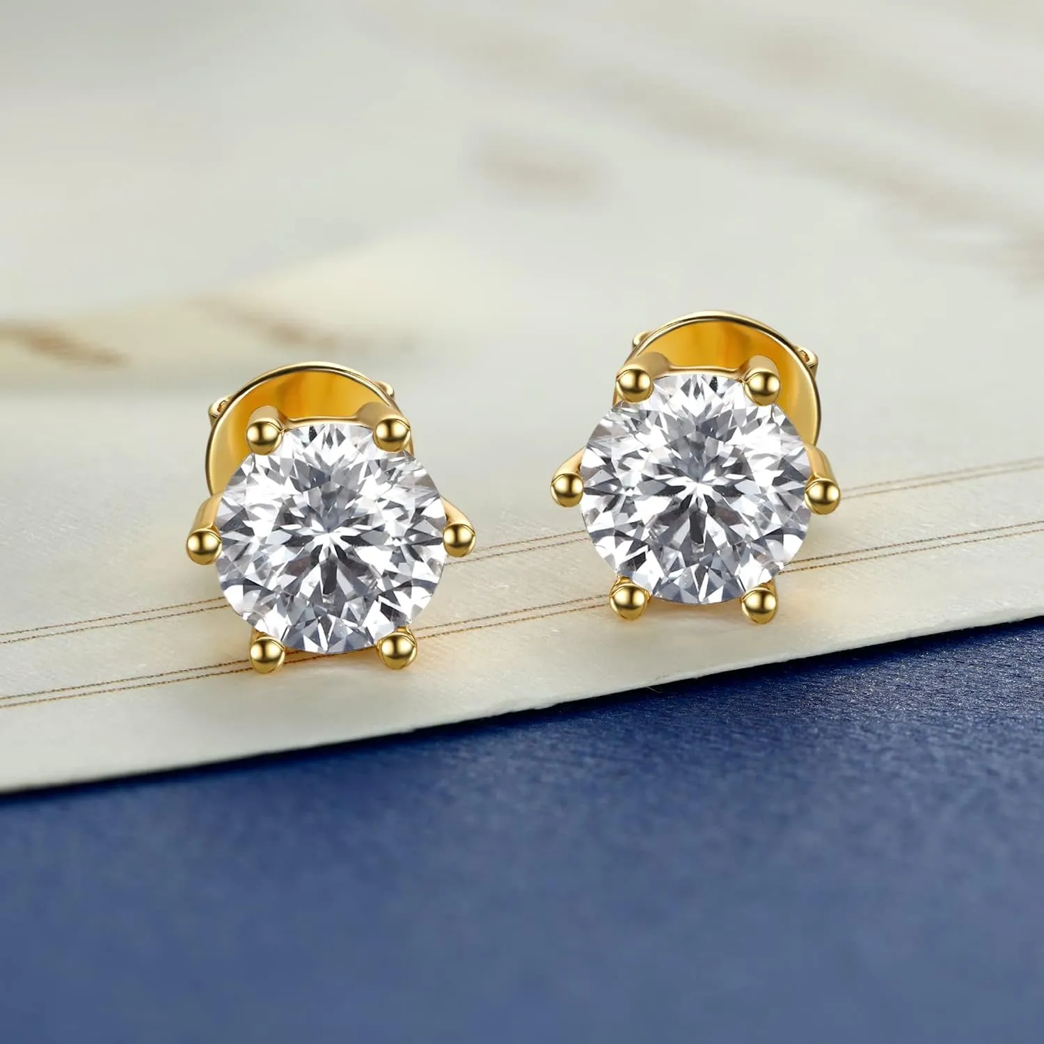MomentWish 14K Gold Plated Stud Earrings, Birthday Gifts for Women, 1-2Carat Moissanite Earrings, Lab Created Diamond Earrings, Yellow/Rose Gold Plated 925 Sterling Silver Earrings Women Men