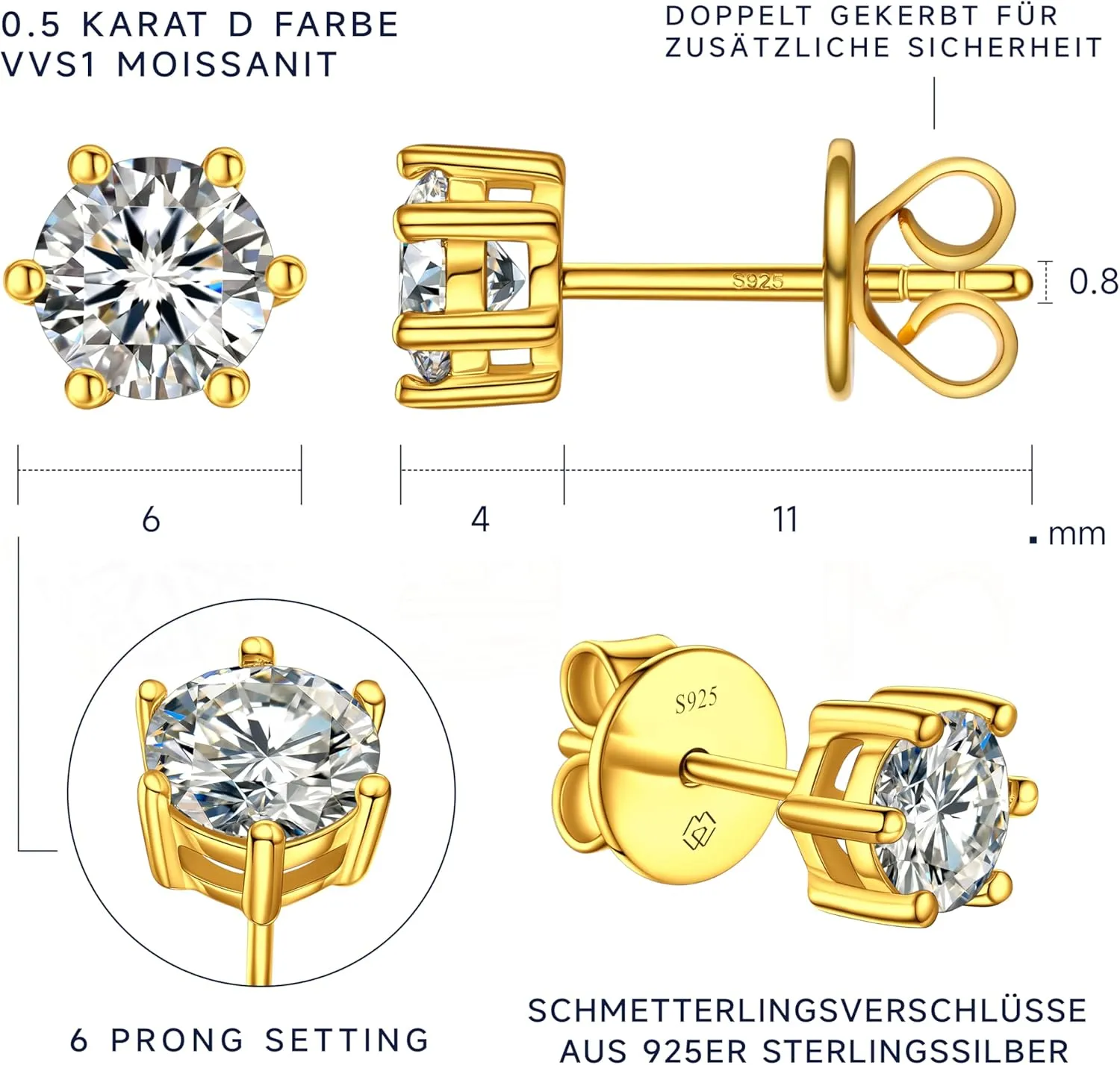 MomentWish 14K Gold Plated Stud Earrings, Birthday Gifts for Women, 1-2Carat Moissanite Earrings, Lab Created Diamond Earrings, Yellow/Rose Gold Plated 925 Sterling Silver Earrings Women Men