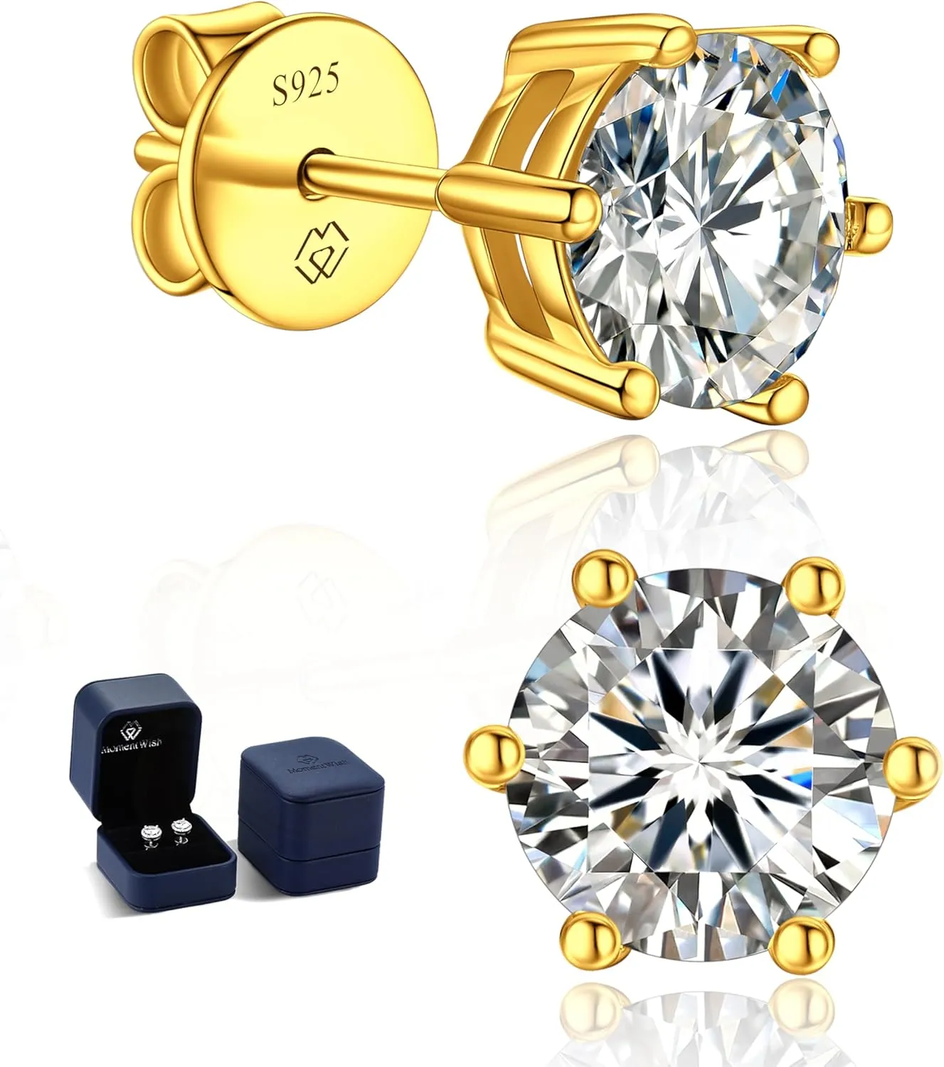 MomentWish 14K Gold Plated Stud Earrings, Birthday Gifts for Women, 1-2Carat Moissanite Earrings, Lab Created Diamond Earrings, Yellow/Rose Gold Plated 925 Sterling Silver Earrings Women Men