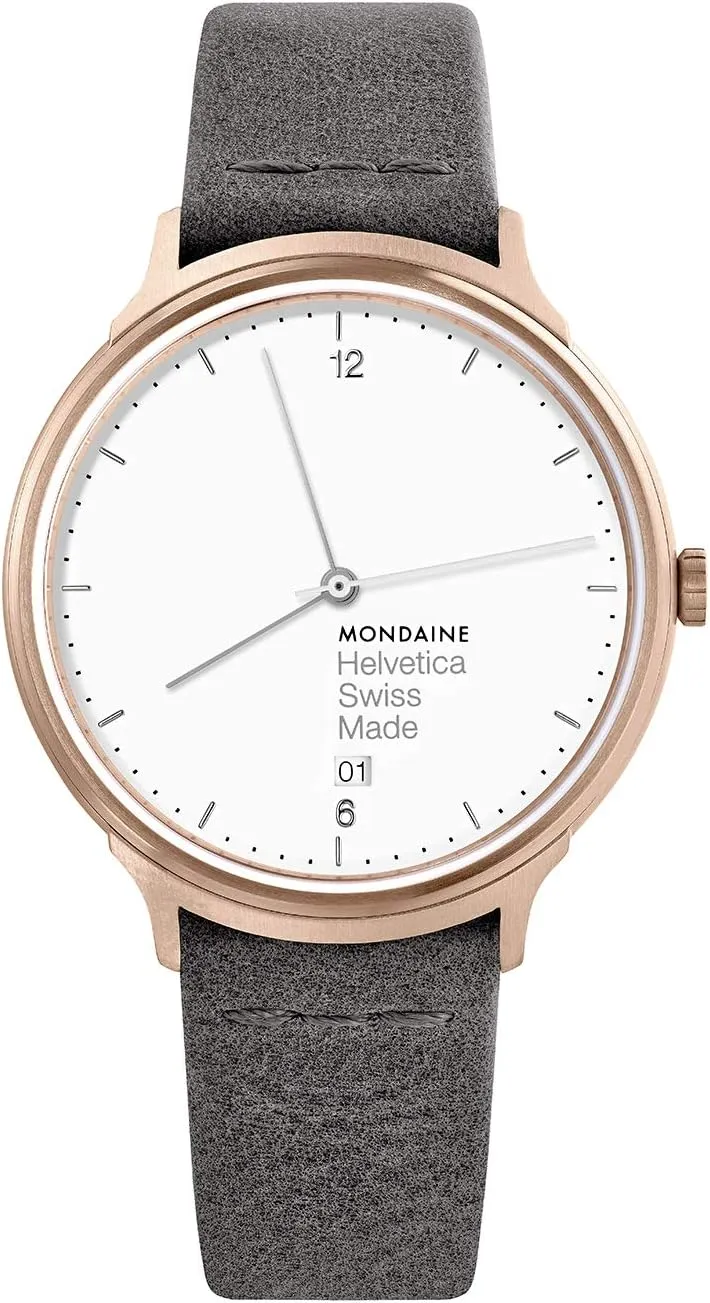 Mondaine - Helvetica MH1.L2210.LH - Mens and Womens Watch 38mm - Wrist Watch Date Grey Leather Strap 30m Waterproof Sapphire Crystal Stainless Steel case - Mens Watches - Made in Switzerland