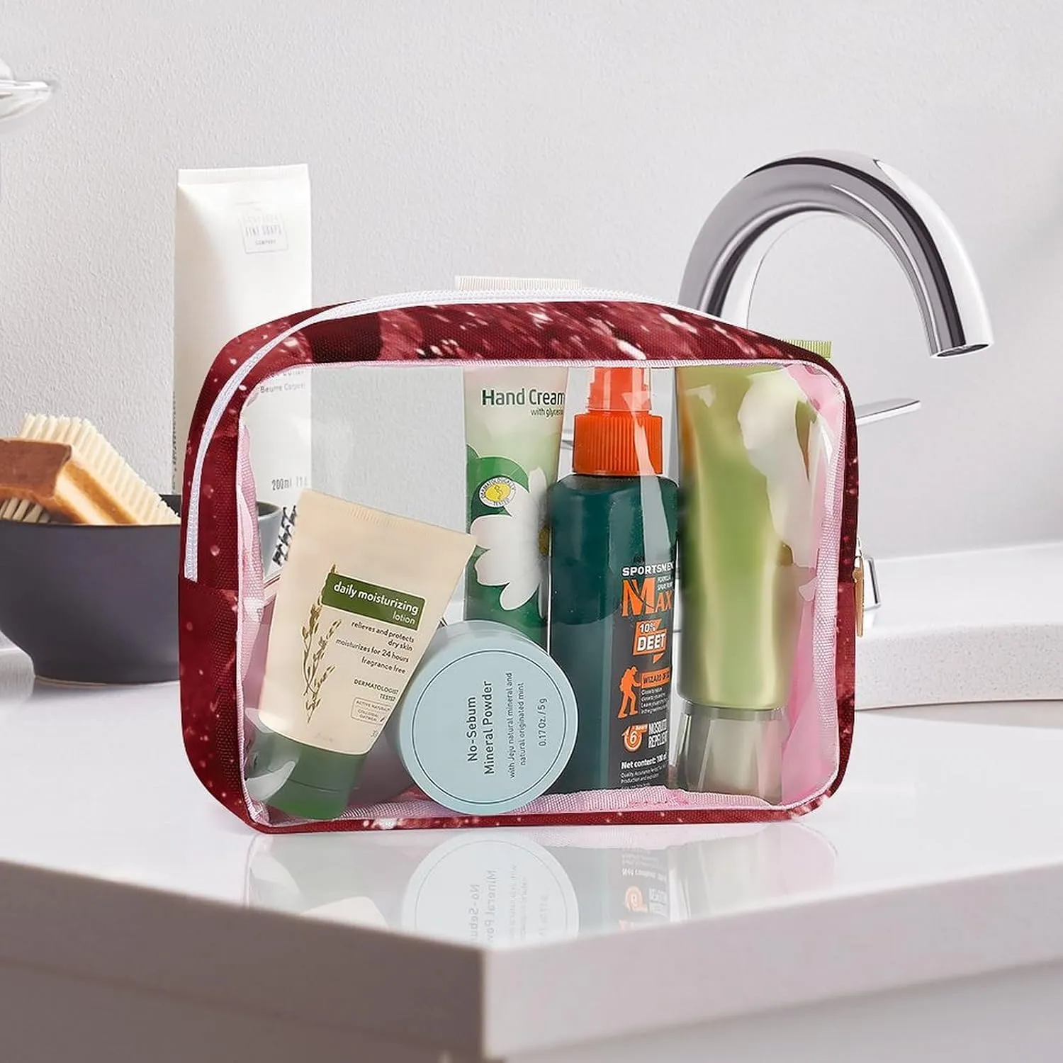 Moody Crimson Agate Dark Blood Red Jewel Tone Transparent Storage Bag, 5-piece Makeup Bag Set Pink-style
