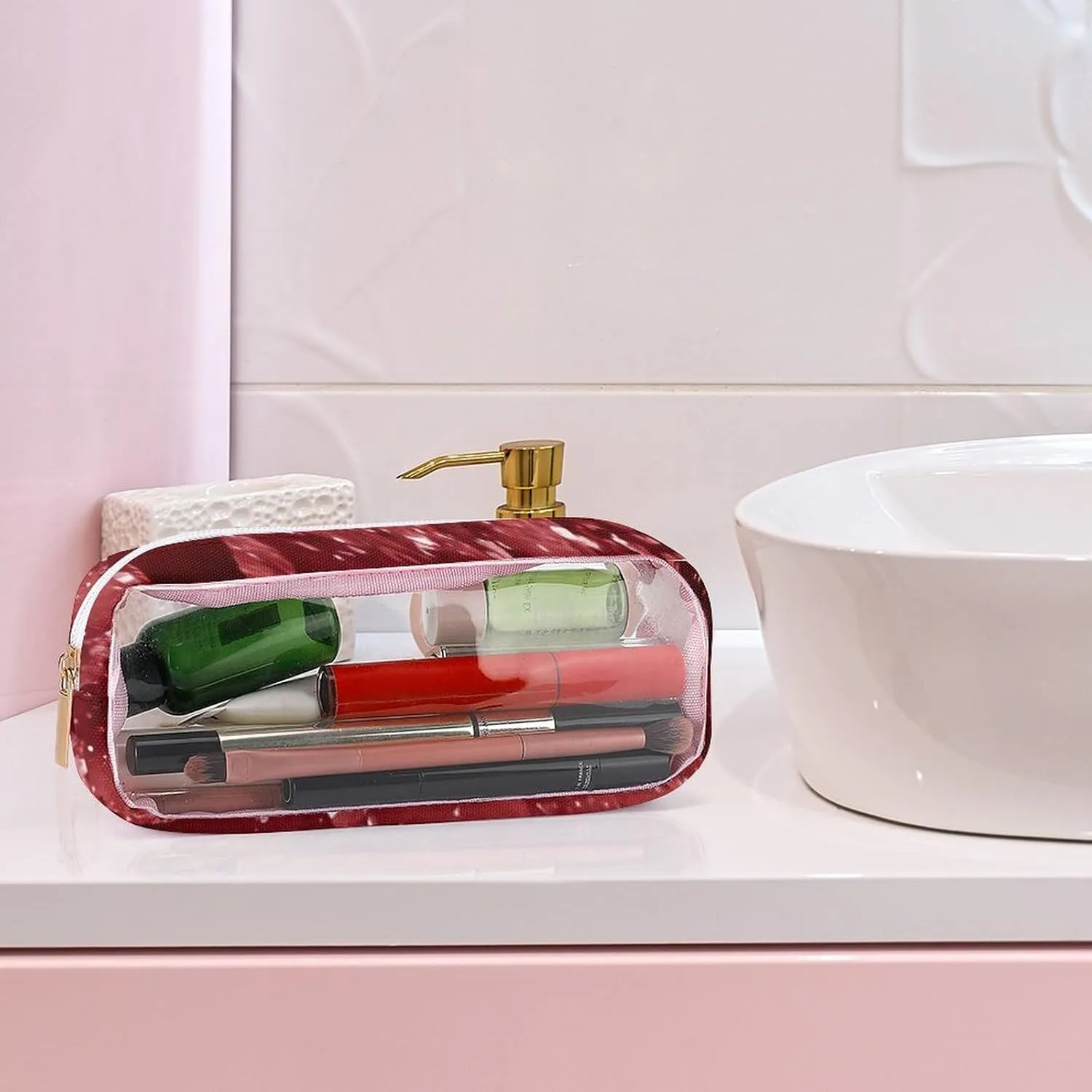 Moody Crimson Agate Dark Blood Red Jewel Tone Transparent Storage Bag, 5-piece Makeup Bag Set Pink-style
