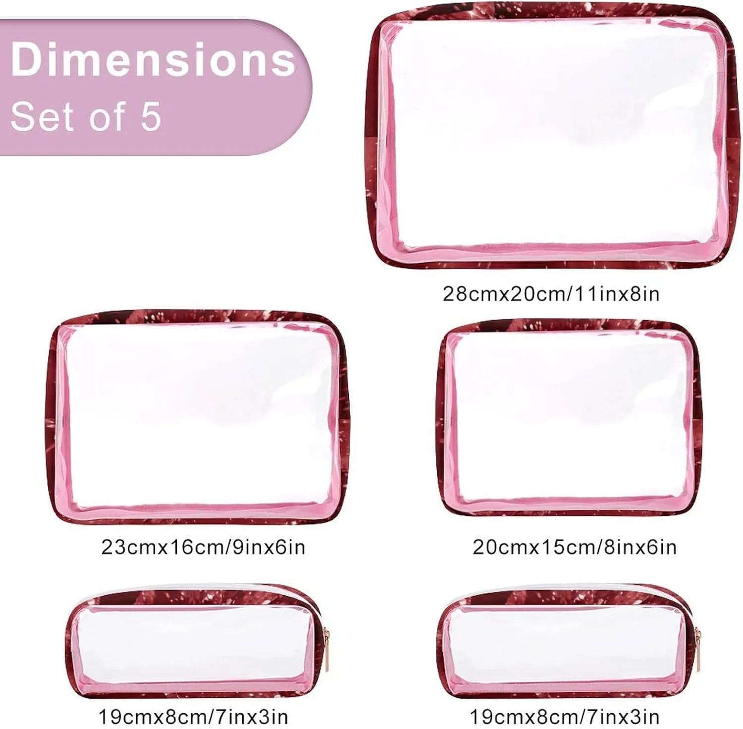 Moody Crimson Agate Dark Blood Red Jewel Tone Transparent Storage Bag, 5-piece Makeup Bag Set Pink-style