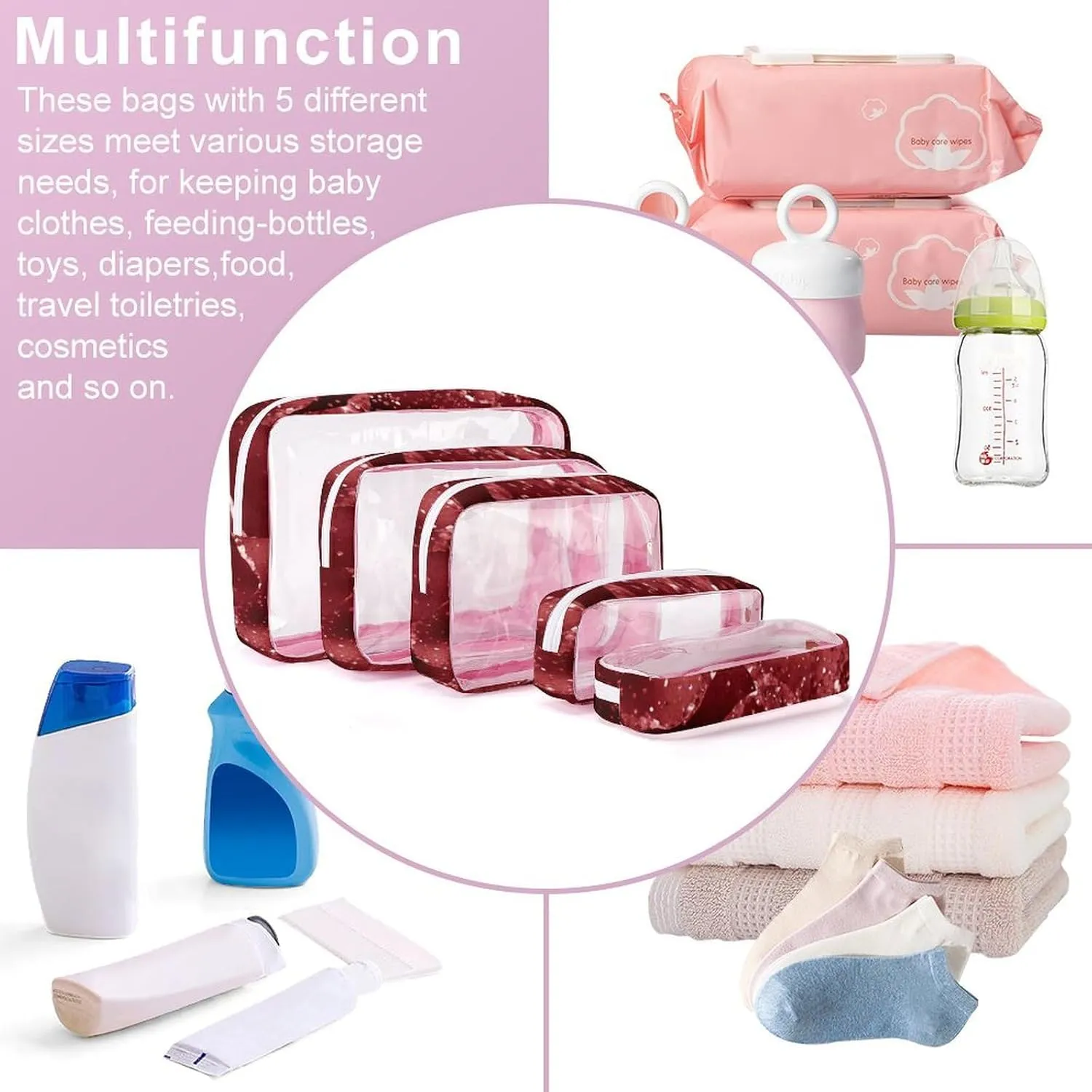 Moody Crimson Agate Dark Blood Red Jewel Tone Transparent Storage Bag, 5-piece Makeup Bag Set Pink-style