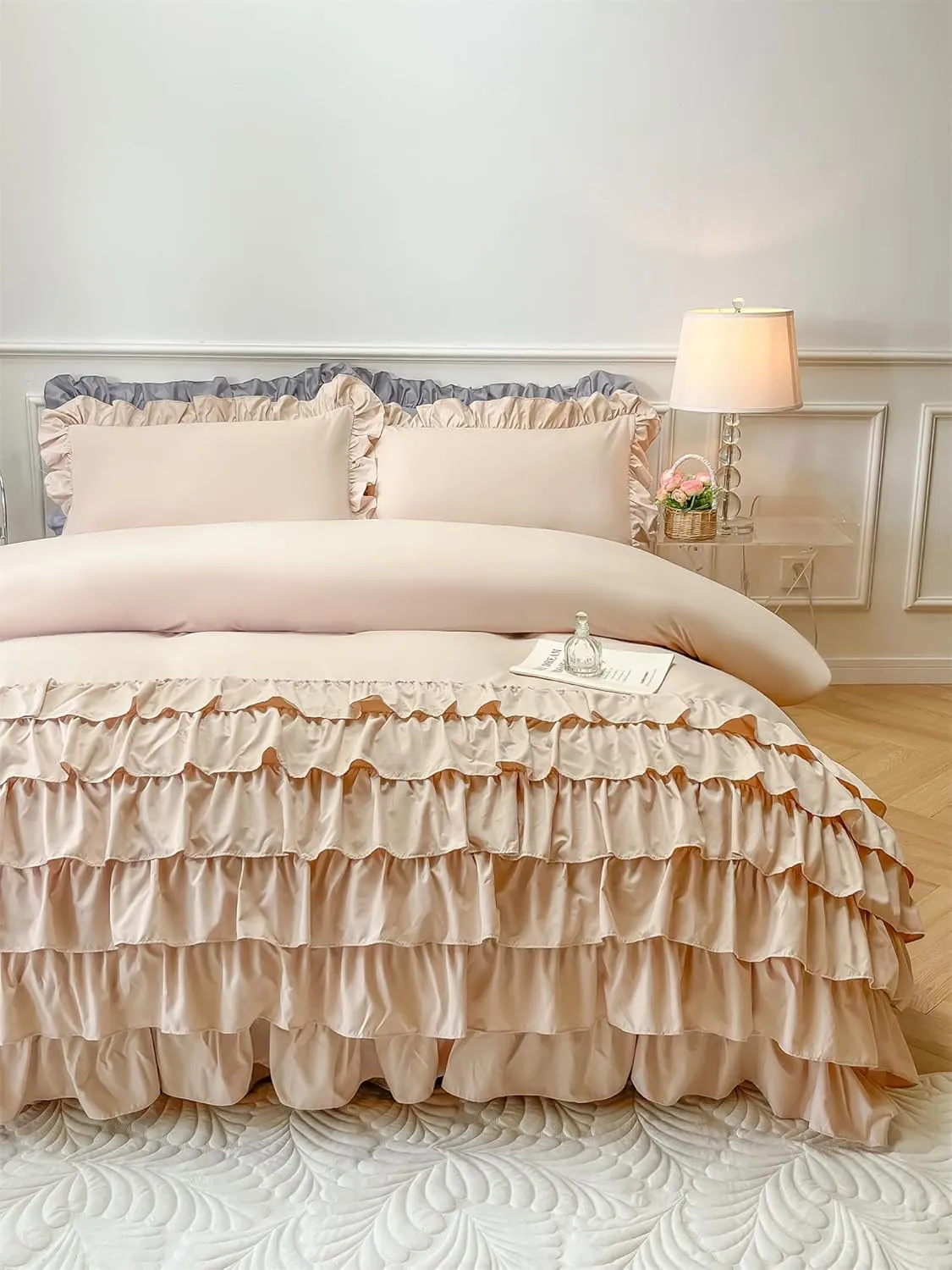 MOOWOO Girls Bedding,Waterfall Ruffle Duvet Cover -Twin 2 Piece Shabby Chic Bedding Solid Color Soft and Breathable with Zipper Closure,Corner Ties,Aesthetic Bedding, Champagne
