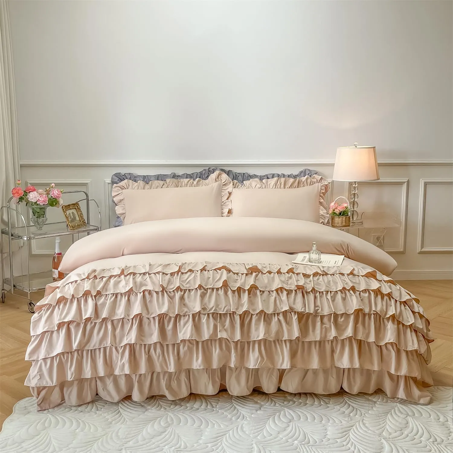 MOOWOO Girls Bedding,Waterfall Ruffle Duvet Cover -Twin 2 Piece Shabby Chic Bedding Solid Color Soft and Breathable with Zipper Closure,Corner Ties,Aesthetic Bedding, Champagne