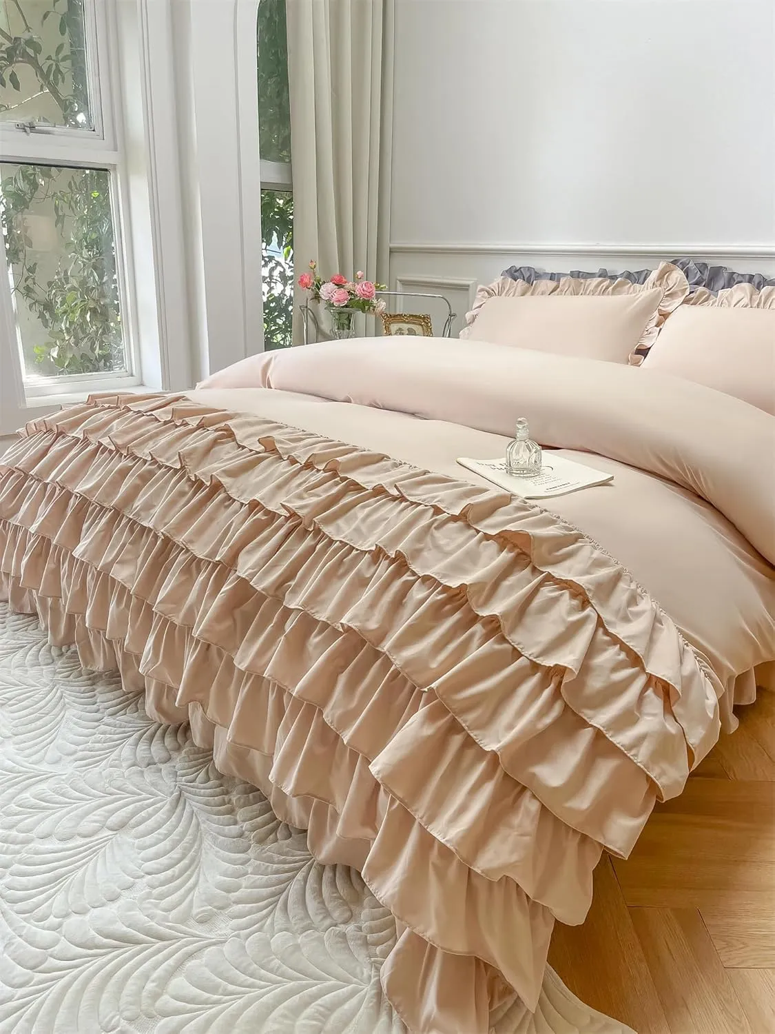 MOOWOO Girls Bedding,Waterfall Ruffle Duvet Cover -Twin 2 Piece Shabby Chic Bedding Solid Color Soft and Breathable with Zipper Closure,Corner Ties,Aesthetic Bedding, Champagne