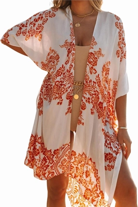 Moss Rose Women's Beach Cover up Swimsuit Kimono with Bohemian Floral Print, Loose Casual Resort Wear