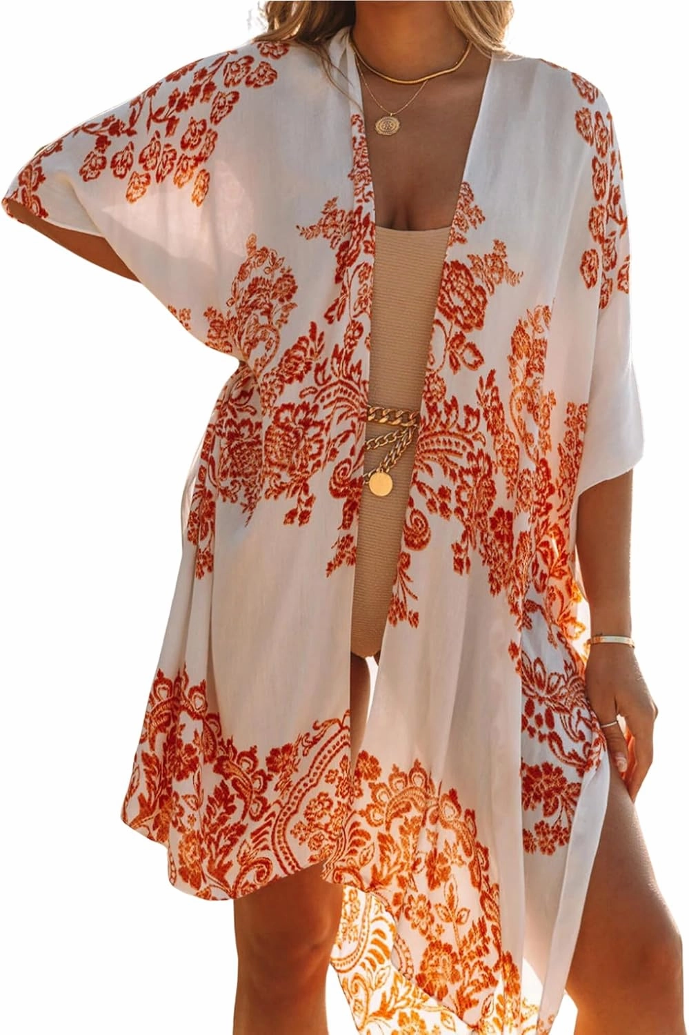 Moss Rose Women's Beach Cover up Swimsuit Kimono with Bohemian Floral Print, Loose Casual Resort Wear