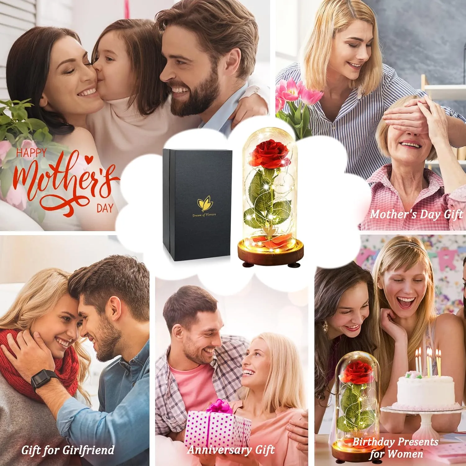 Mothers'Day Gifts for Mom,Beauty and The Beast Rose in Glass Dome,Birthday Gifts for Women,Red Silk Rose Forever Flowers with Lights,Mom Gift,Romantic Gifts for Her,Anniversary Birthday Gift