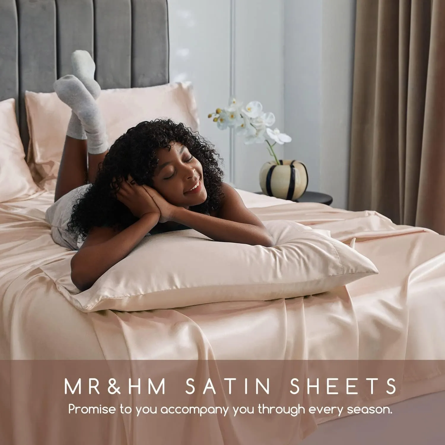 MR&HM Satin Bed Sheets, Queen Size Sheets Set, 4 Pcs Silky Bedding Set with 15 Inches Deep Pocket for Mattress (Queen, Champagne)