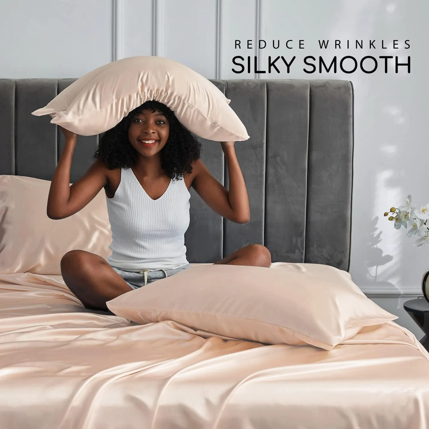 MR&HM Satin Bed Sheets, Queen Size Sheets Set, 4 Pcs Silky Bedding Set with 15 Inches Deep Pocket for Mattress (Queen, Champagne)