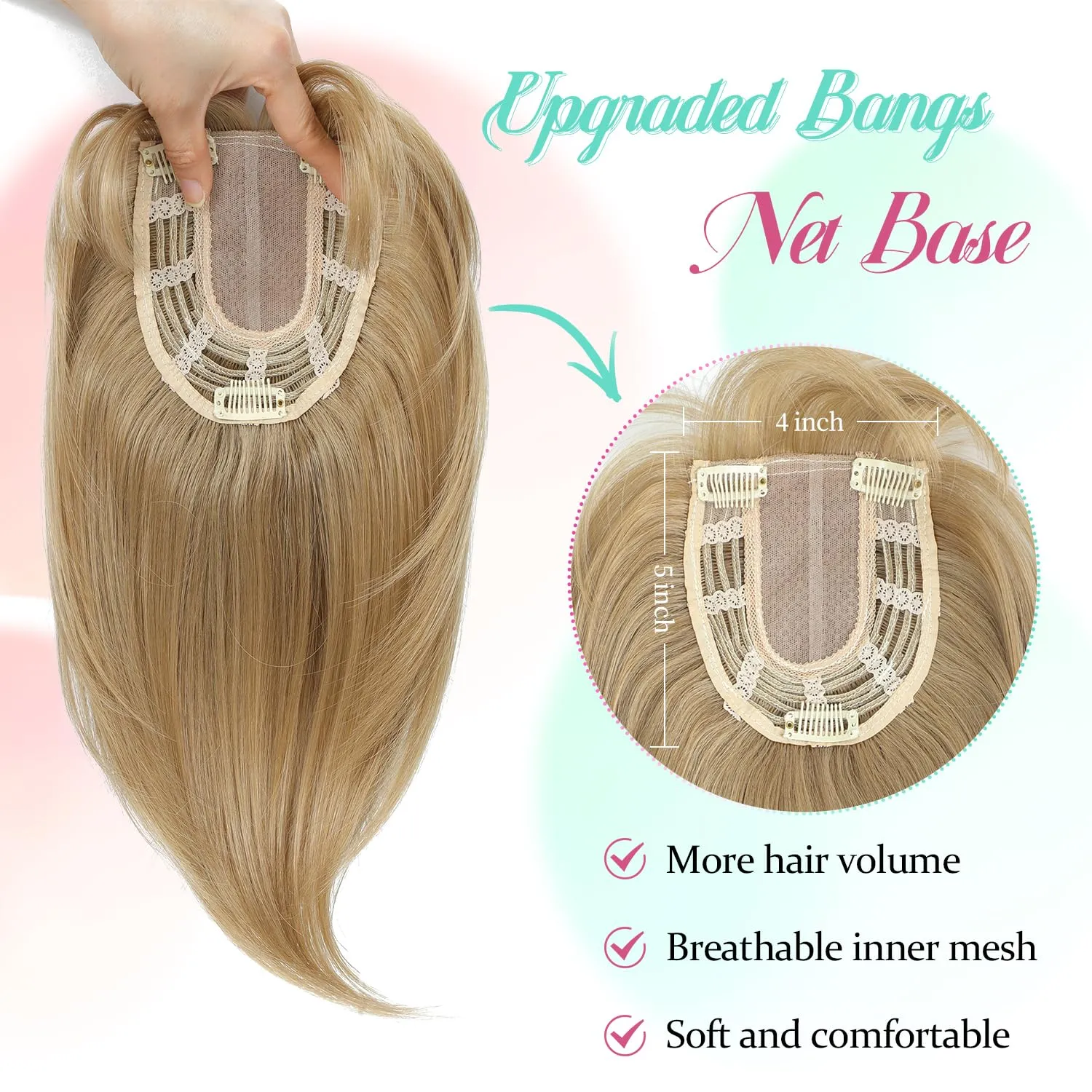 Ms Taj 12 Inch Hair Topper with Bangs, 360° Cover Synthetic Clip in Bangs, 4"x5" Bangs Natural Straight Fiber Hair Toppers for Women, Breathable & Comfortable for Daily Wear(Champagne Blonde)