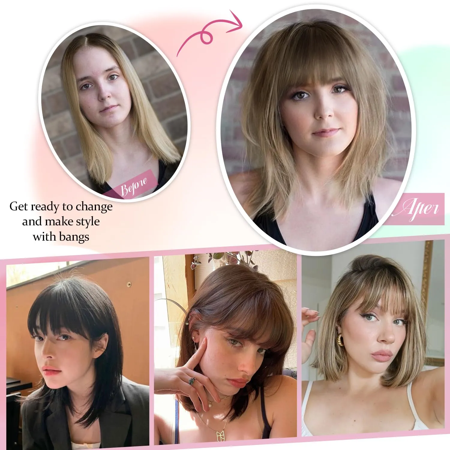 Ms Taj 12 Inch Hair Topper with Bangs, 360° Cover Synthetic Clip in Bangs, 4"x5" Bangs Natural Straight Fiber Hair Toppers for Women, Breathable & Comfortable for Daily Wear(Champagne Blonde)