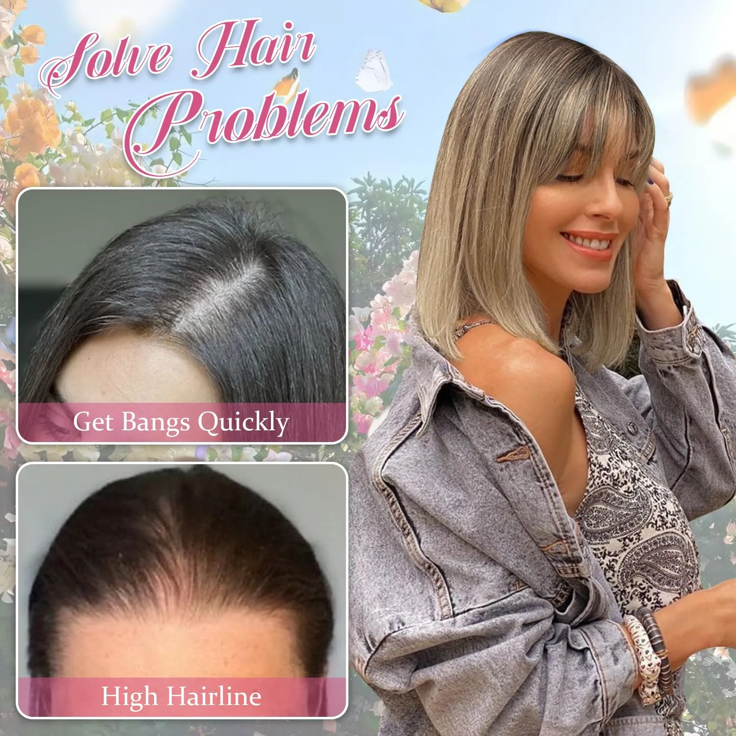 Ms Taj 12 Inch Hair Topper with Bangs, 360° Cover Synthetic Clip in Bangs, 4"x5" Bangs Natural Straight Fiber Hair Toppers for Women, Breathable & Comfortable for Daily Wear(Champagne Blonde)