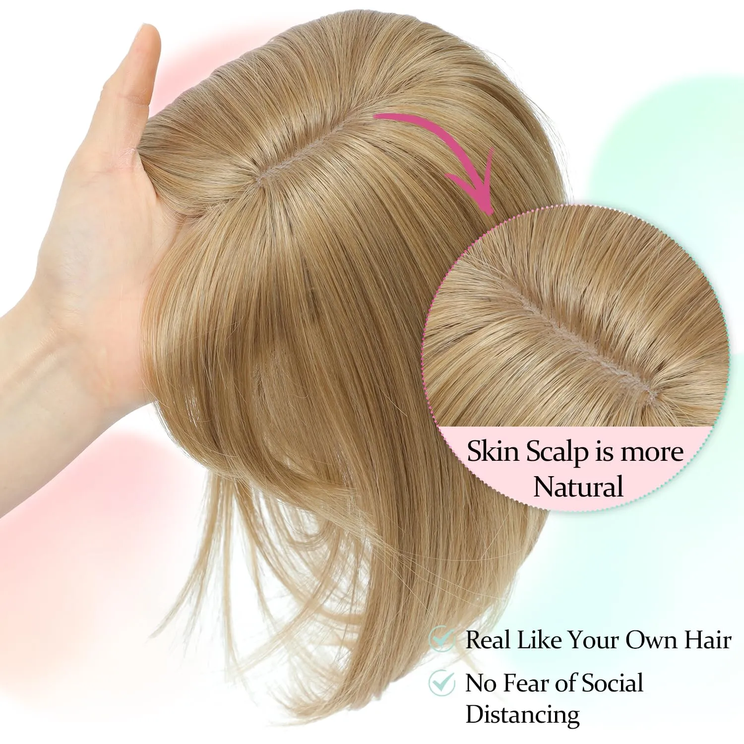 Ms Taj 12 Inch Hair Topper with Bangs, 360° Cover Synthetic Clip in Bangs, 4"x5" Bangs Natural Straight Fiber Hair Toppers for Women, Breathable & Comfortable for Daily Wear(Champagne Blonde)