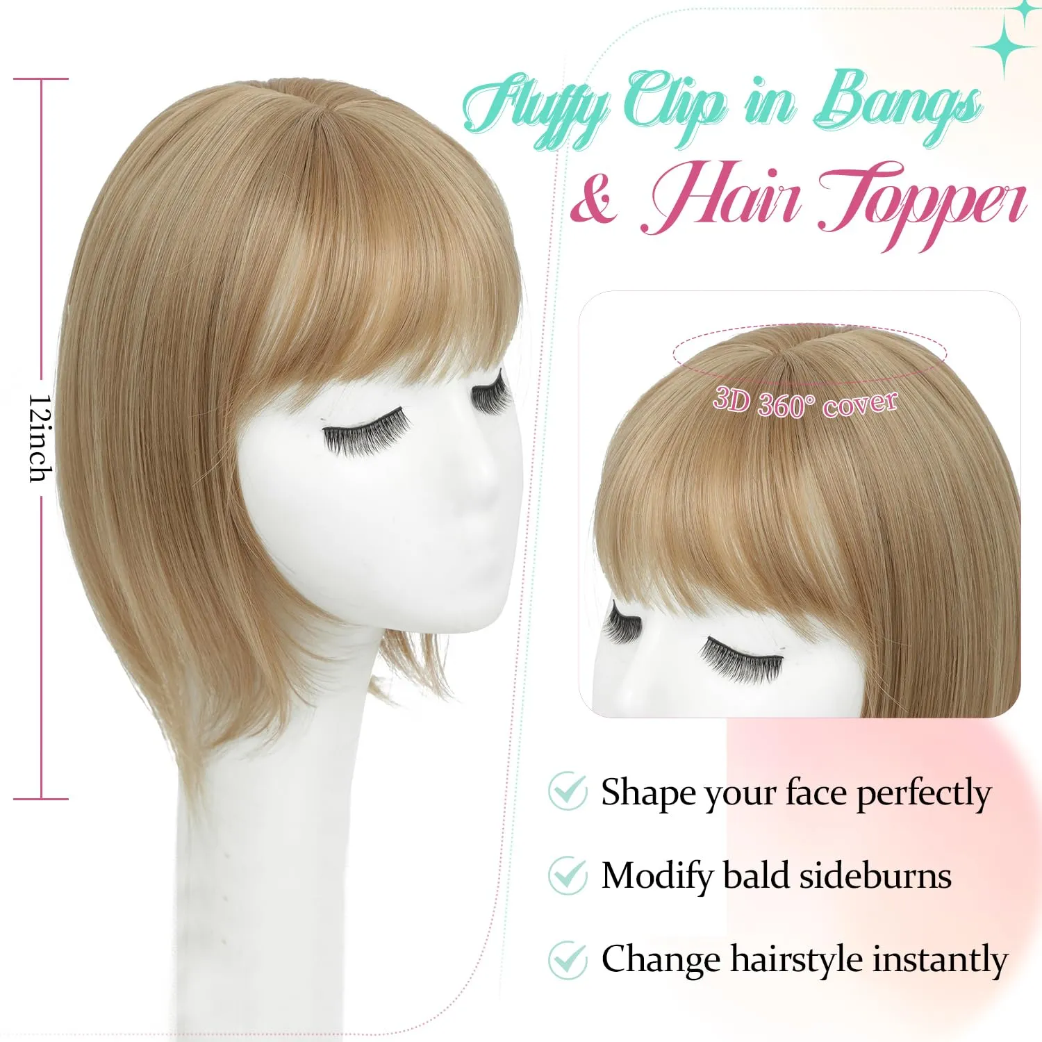 Ms Taj 12 Inch Hair Topper with Bangs, 360° Cover Synthetic Clip in Bangs, 4"x5" Bangs Natural Straight Fiber Hair Toppers for Women, Breathable & Comfortable for Daily Wear(Champagne Blonde)