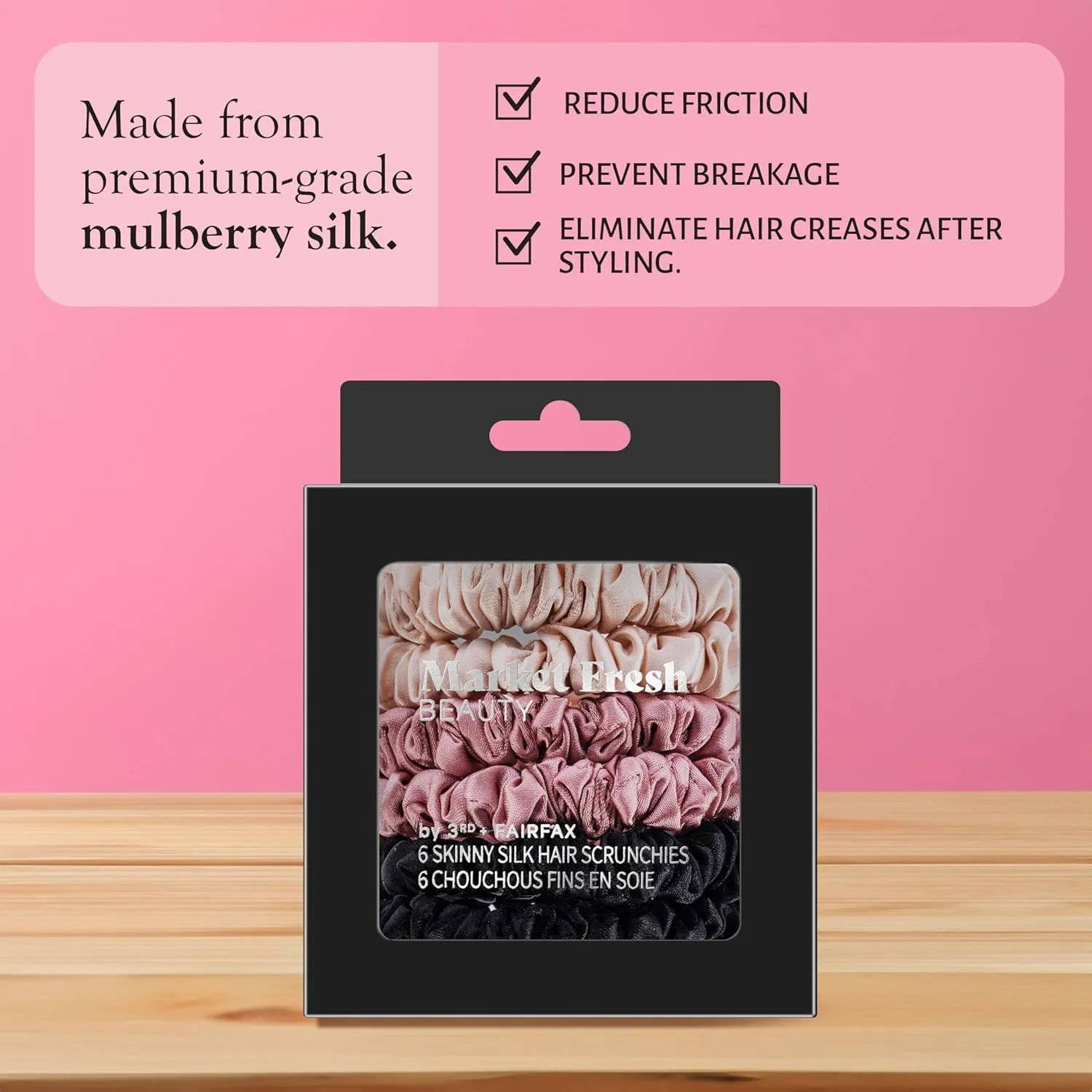 Mulberry Silk Skinny Hair Scrunchies, 6 Pack - Silk Hair Ties for All Hair Types, Prevents Hair Breakage & Crease-Free Hold - Elegant Beige, Blush Pink, Black