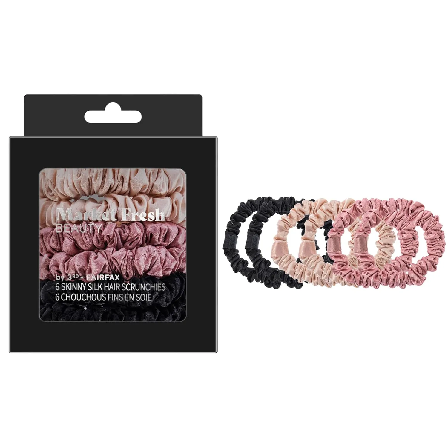 Mulberry Silk Skinny Hair Scrunchies, 6 Pack - Silk Hair Ties for All Hair Types, Prevents Hair Breakage & Crease-Free Hold - Elegant Beige, Blush Pink, Black