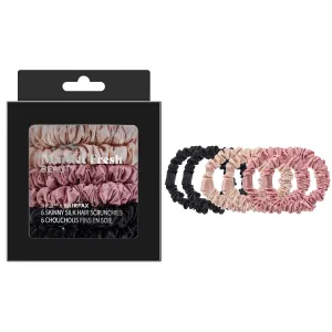 Mulberry Silk Skinny Hair Scrunchies, 6 Pack - Silk Hair Ties for All Hair Types, Prevents Hair Breakage & Crease-Free Hold - Elegant Beige, Blush Pink, Black