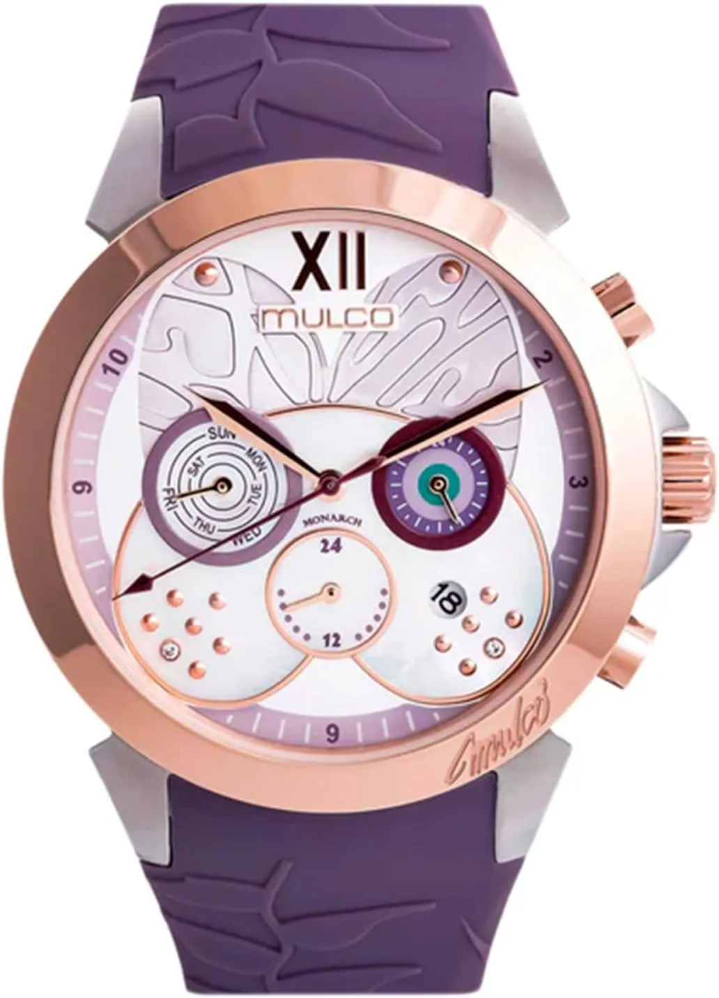 MULCO Watches for Women, Lush, Stainless Steel Case with Wrist Silicone Band, Quartz Multifunctional Movement, Large Face Analog Display with Mother of Pearl and Rose Gold Diamonds-100m Waterproof