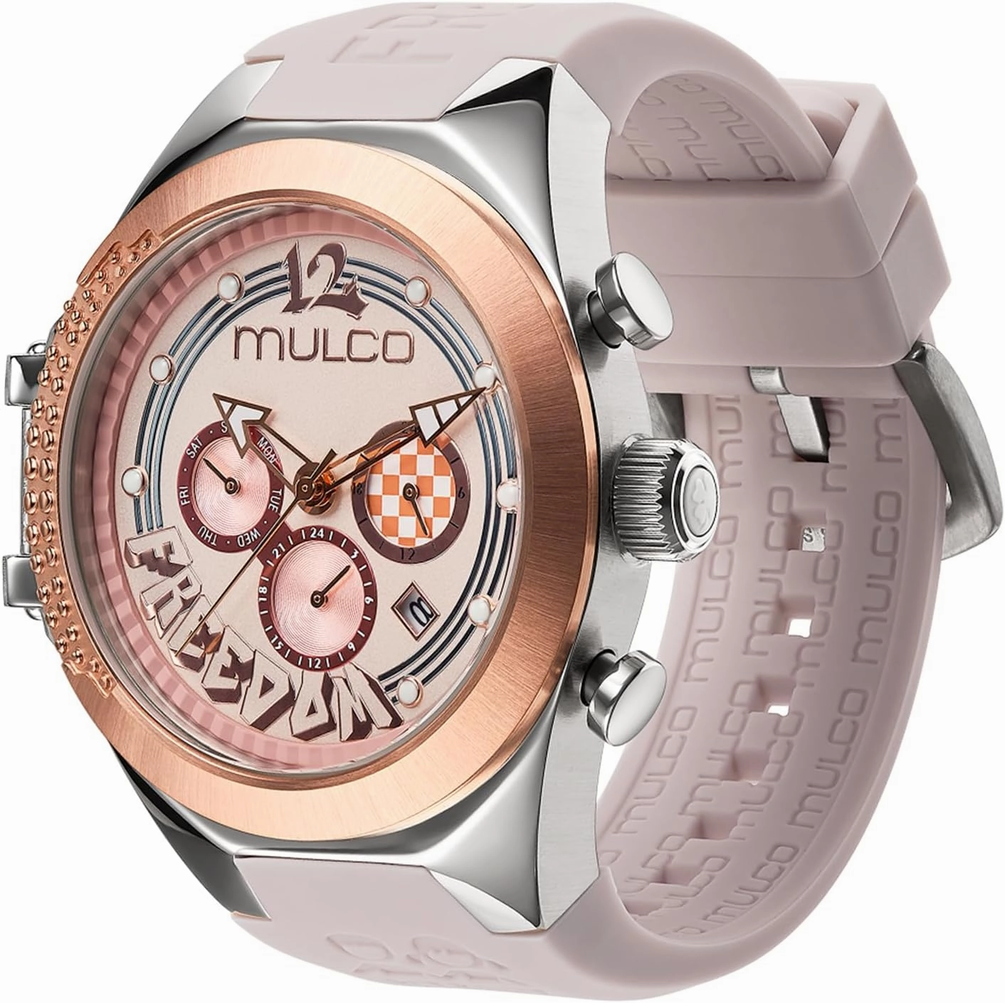 MULCO Watches for Women Freedom, Gold Stainless Steel Case with Wrist Silicone Band, Quartz Multifunctional Movement, Small Face Analog Display, Crystal Diamonds and Gold Accents, 100m Waterproof