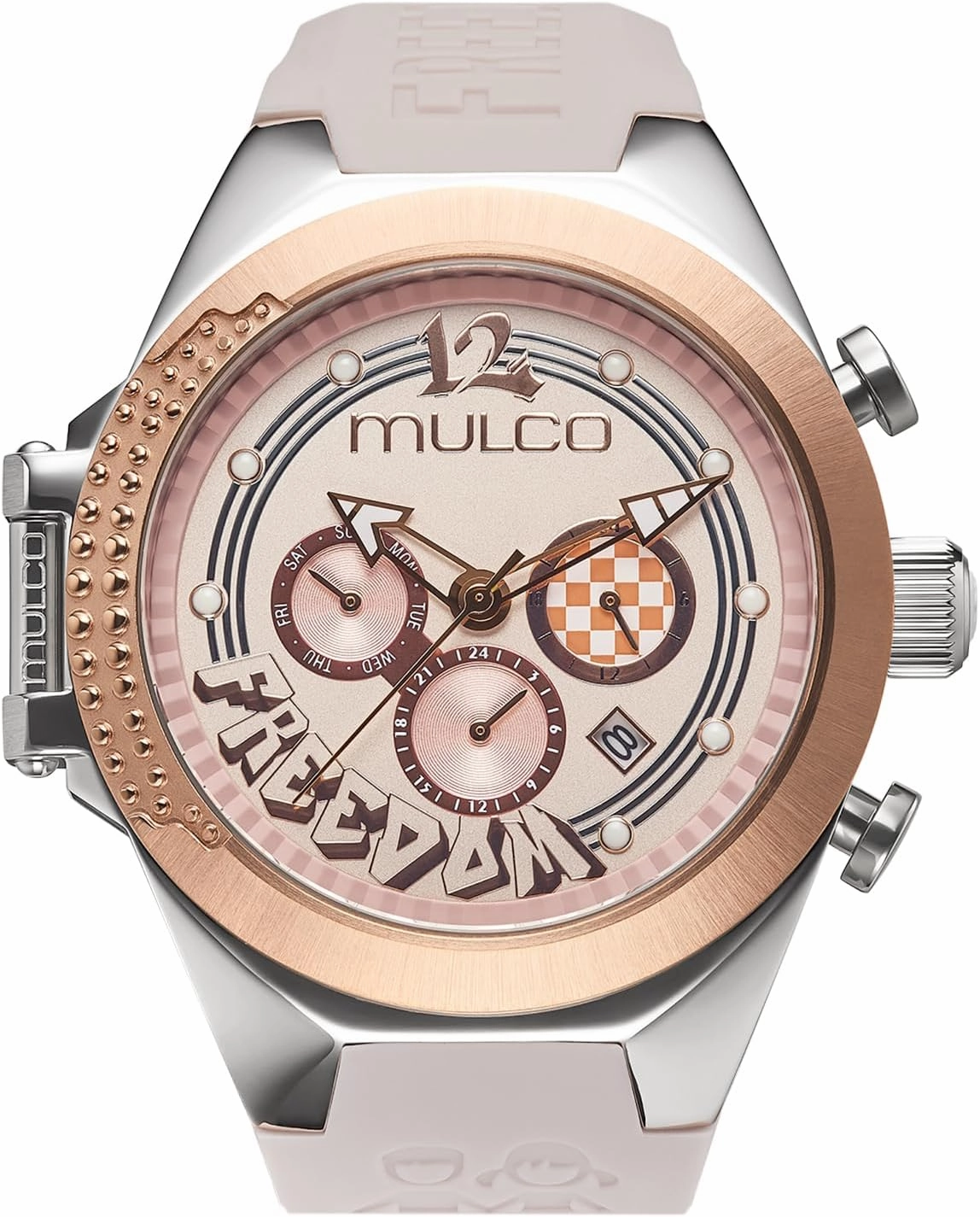 MULCO Watches for Women Freedom, Gold Stainless Steel Case with Wrist Silicone Band, Quartz Multifunctional Movement, Small Face Analog Display, Crystal Diamonds and Gold Accents, 100m Waterproof