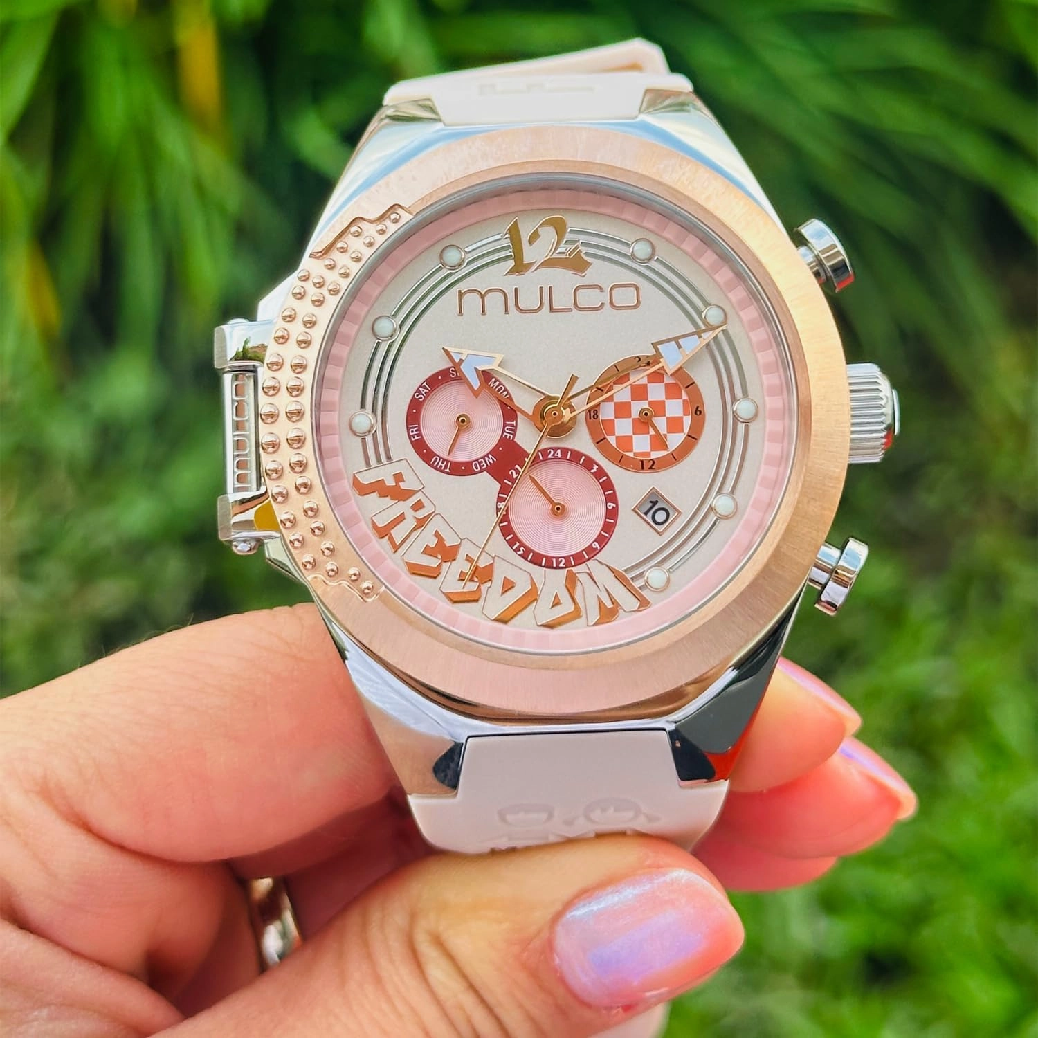 MULCO Watches for Women Freedom, Gold Stainless Steel Case with Wrist Silicone Band, Quartz Multifunctional Movement, Small Face Analog Display, Crystal Diamonds and Gold Accents, 100m Waterproof