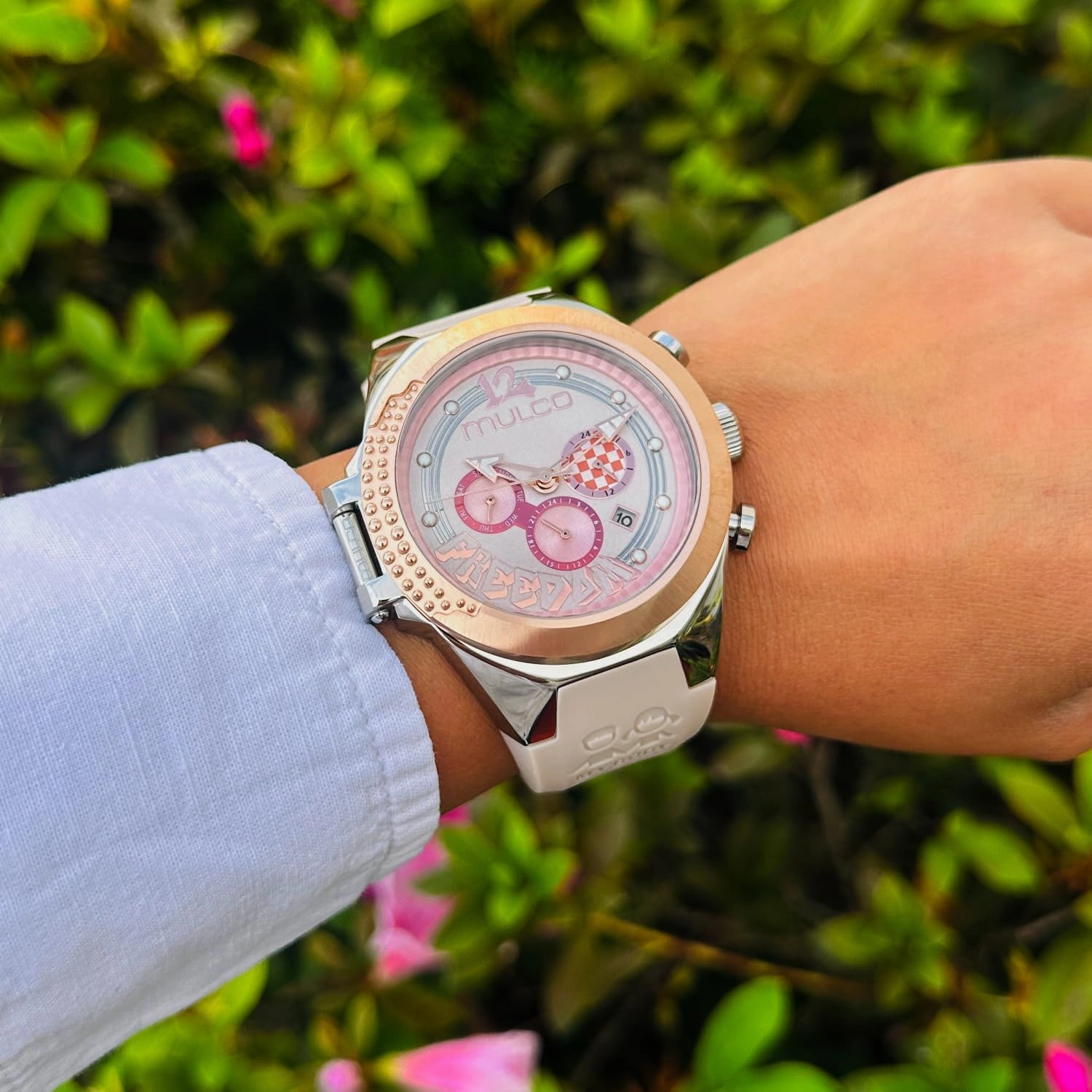 MULCO Watches for Women Freedom, Gold Stainless Steel Case with Wrist Silicone Band, Quartz Multifunctional Movement, Small Face Analog Display, Crystal Diamonds and Gold Accents, 100m Waterproof