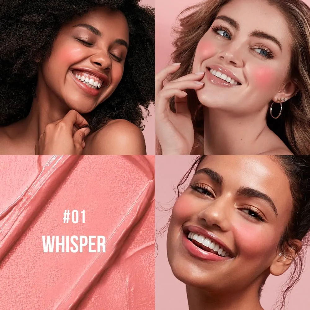 Multi-Use Makeup Cream Blush Stick, Unidollss 3-in-1 Buildable Powder Blush Stick for Cheeks, Eyes, and Lips, Hydrating formula, All day wear, Easy Application with Thumb Puff Included (01 WHISPER)