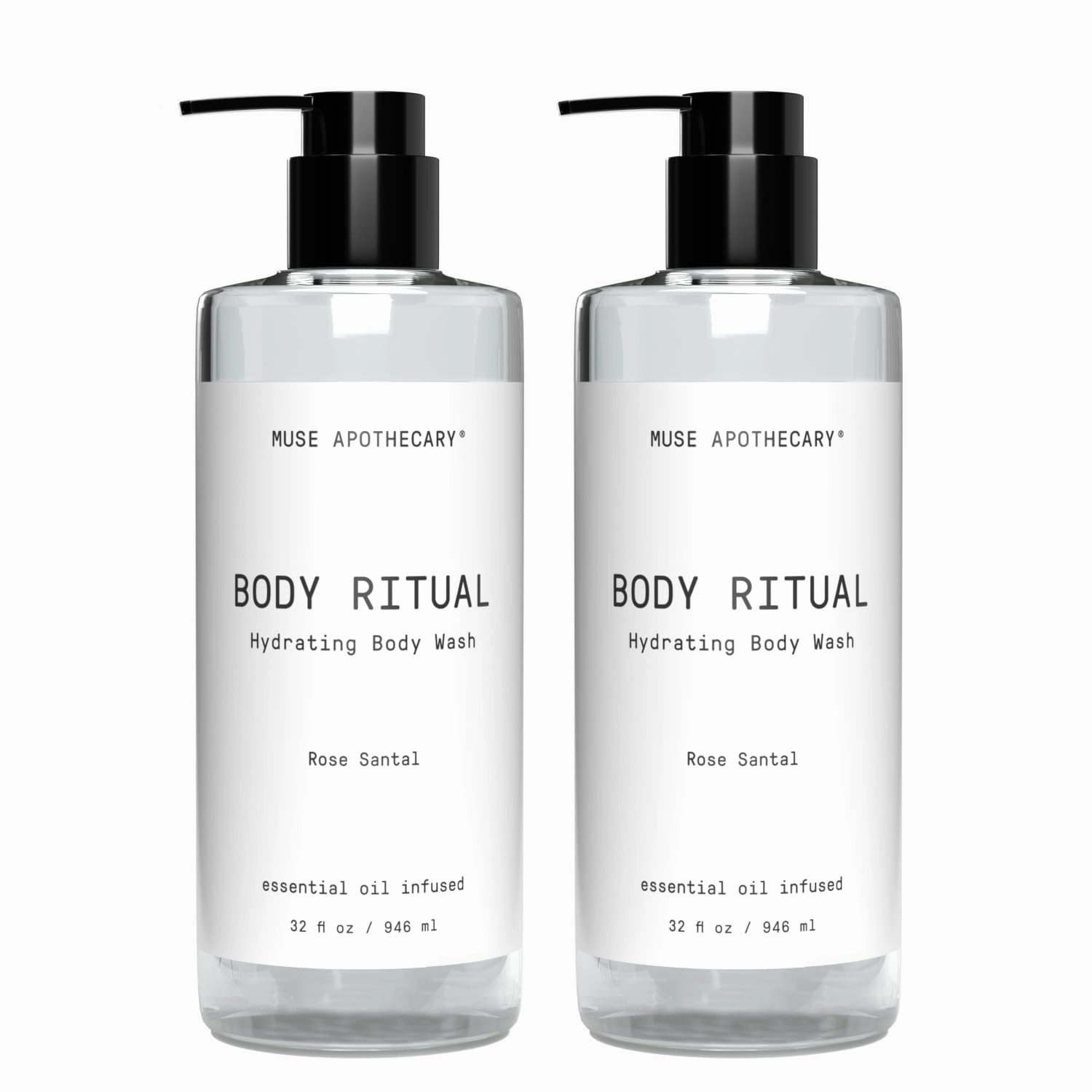 Muse Apothecary Body Ritual Hydrating - Rose Santal Body Wash for Women & Men - Essential Oil Infused Aromatherapy Body Wash - 32 Ounce, 2 Pack
