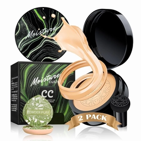 Mushroom Head Air Cushion CC Cream 2PCS Set - BB Cream Face Makeup Foundation with Power Puff for Mature Skin Moisturizing Concealer Brighten Long-Lasting, Skin Tone for All Skin Types (Natural)