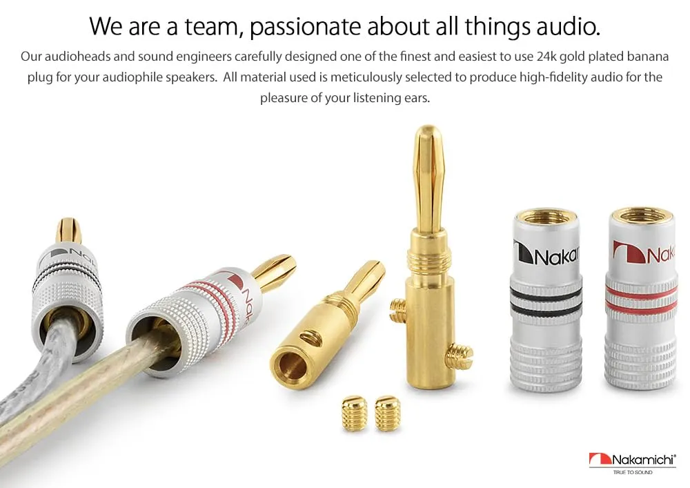Nakamichi Excel Series 24k Gold Plated Banana Plug 12 AWG - 18 AWG Gauge Size 4mm for Speakers Amplifier Hi-Fi AV Receiver Stereo Home Theatre Audio Wire Cable Screw Connector 10 Pcs (5-Pairs)
