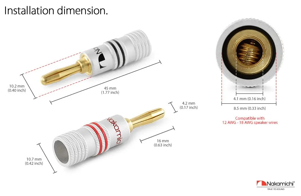 Nakamichi Excel Series 24k Gold Plated Banana Plug 12 AWG - 18 AWG Gauge Size 4mm for Speakers Amplifier Hi-Fi AV Receiver Stereo Home Theatre Audio Wire Cable Screw Connector 10 Pcs (5-Pairs)