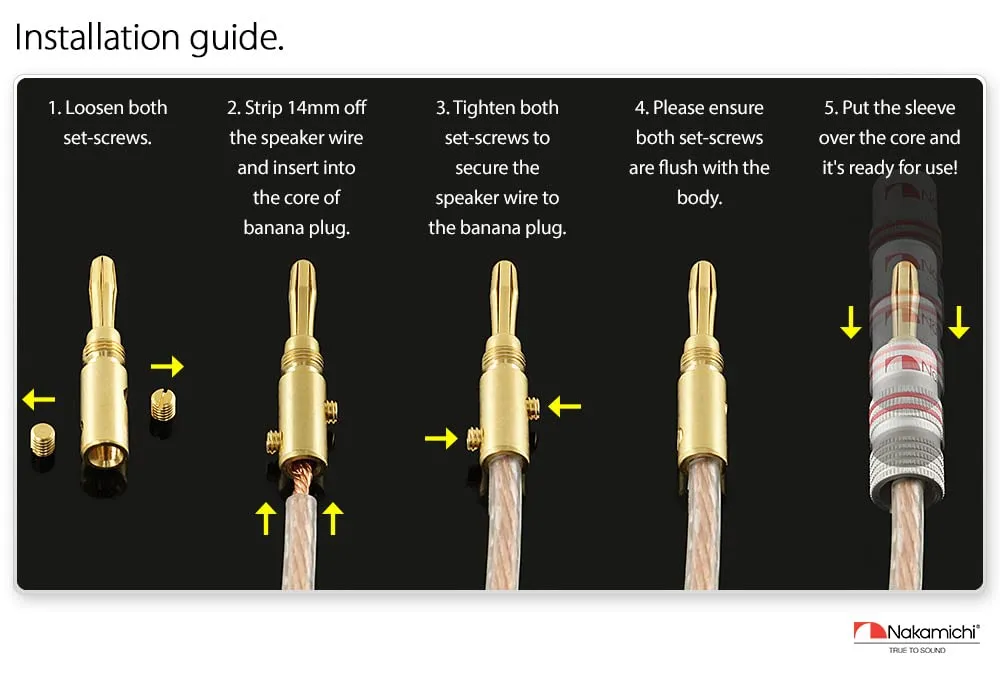 Nakamichi Excel Series 24k Gold Plated Banana Plug 12 AWG - 18 AWG Gauge Size 4mm for Speakers Amplifier Hi-Fi AV Receiver Stereo Home Theatre Audio Wire Cable Screw Connector 10 Pcs (5-Pairs)