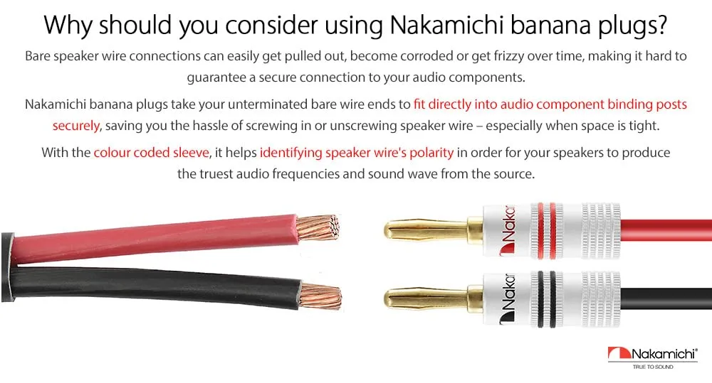 Nakamichi Excel Series 24k Gold Plated Banana Plug 12 AWG - 18 AWG Gauge Size 4mm for Speakers Amplifier Hi-Fi AV Receiver Stereo Home Theatre Audio Wire Cable Screw Connector 10 Pcs (5-Pairs)