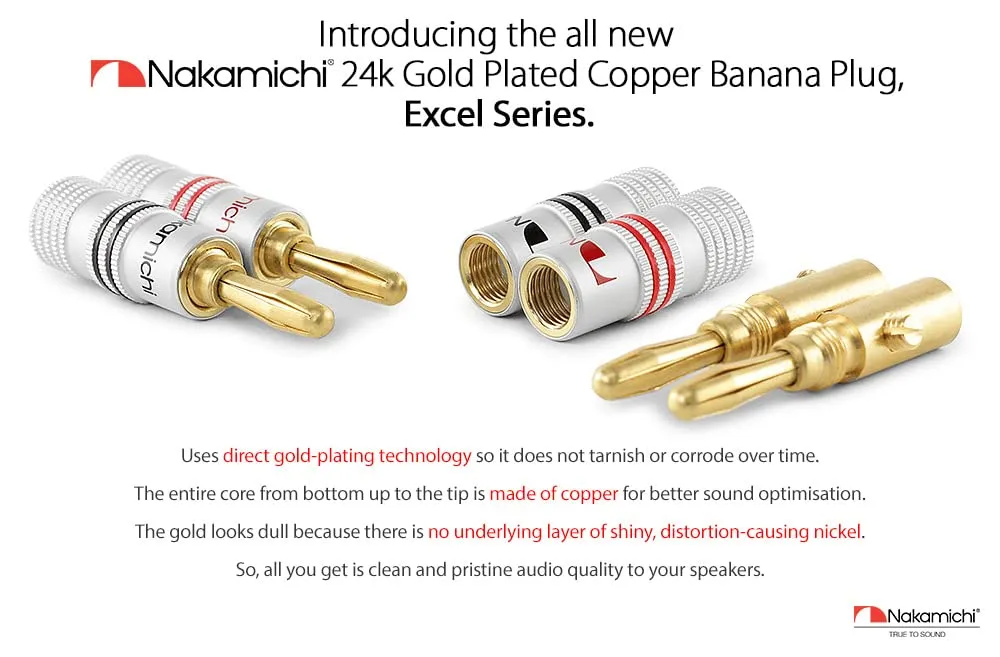 Nakamichi Excel Series 24k Gold Plated Banana Plug 12 AWG - 18 AWG Gauge Size 4mm for Speakers Amplifier Hi-Fi AV Receiver Stereo Home Theatre Audio Wire Cable Screw Connector 10 Pcs (5-Pairs)
