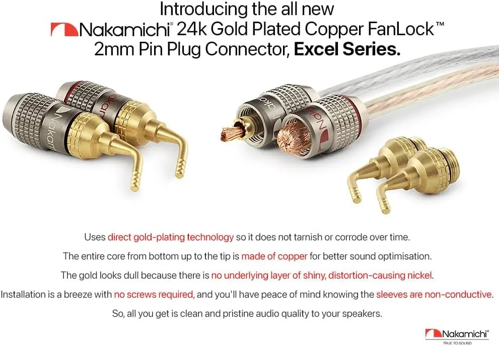 Nakamichi FanLock Excel Series 24k Gold Plated 2mm Pin Plug Banana 10 AWG - 18 AWG Gauge Size 4mm for Spring Clip Speakers Amplifier Hi-Fi Home Theatre Wire Cable Quick Connector, 20 Pcs (10-Pairs)