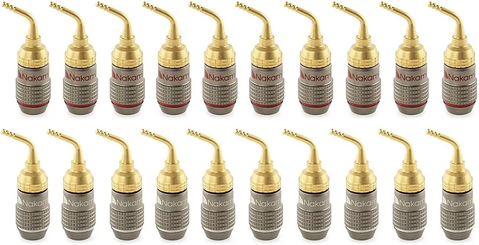 Nakamichi FanLock Excel Series 24k Gold Plated 2mm Pin Plug Banana 10 AWG - 18 AWG Gauge Size 4mm for Spring Clip Speakers Amplifier Hi-Fi Home Theatre Wire Cable Quick Connector, 20 Pcs (10-Pairs)