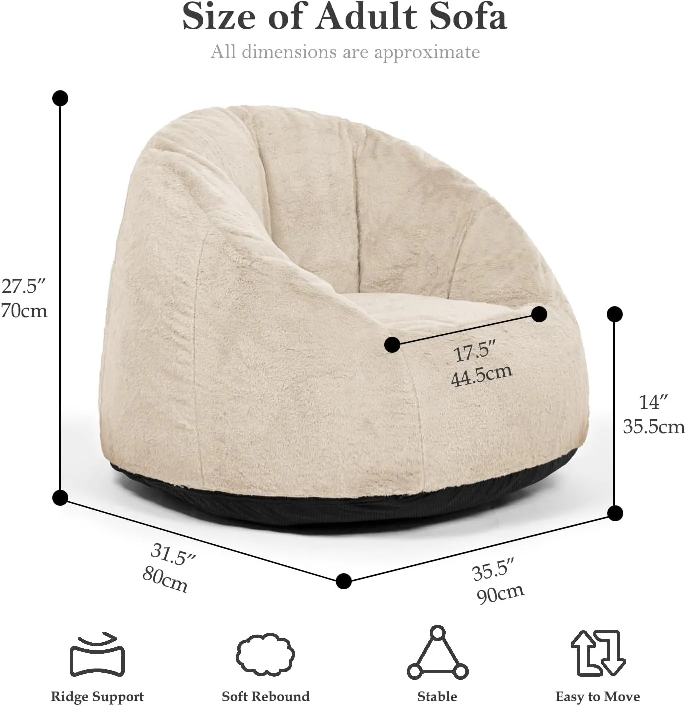 N&V Medium Shell Bean Bag Chair, Adult Size Bean Bag Sack, Foam Filling, Includes Removable and Machine Washable Cover, 37in, Soft Faux Fur, Champagne