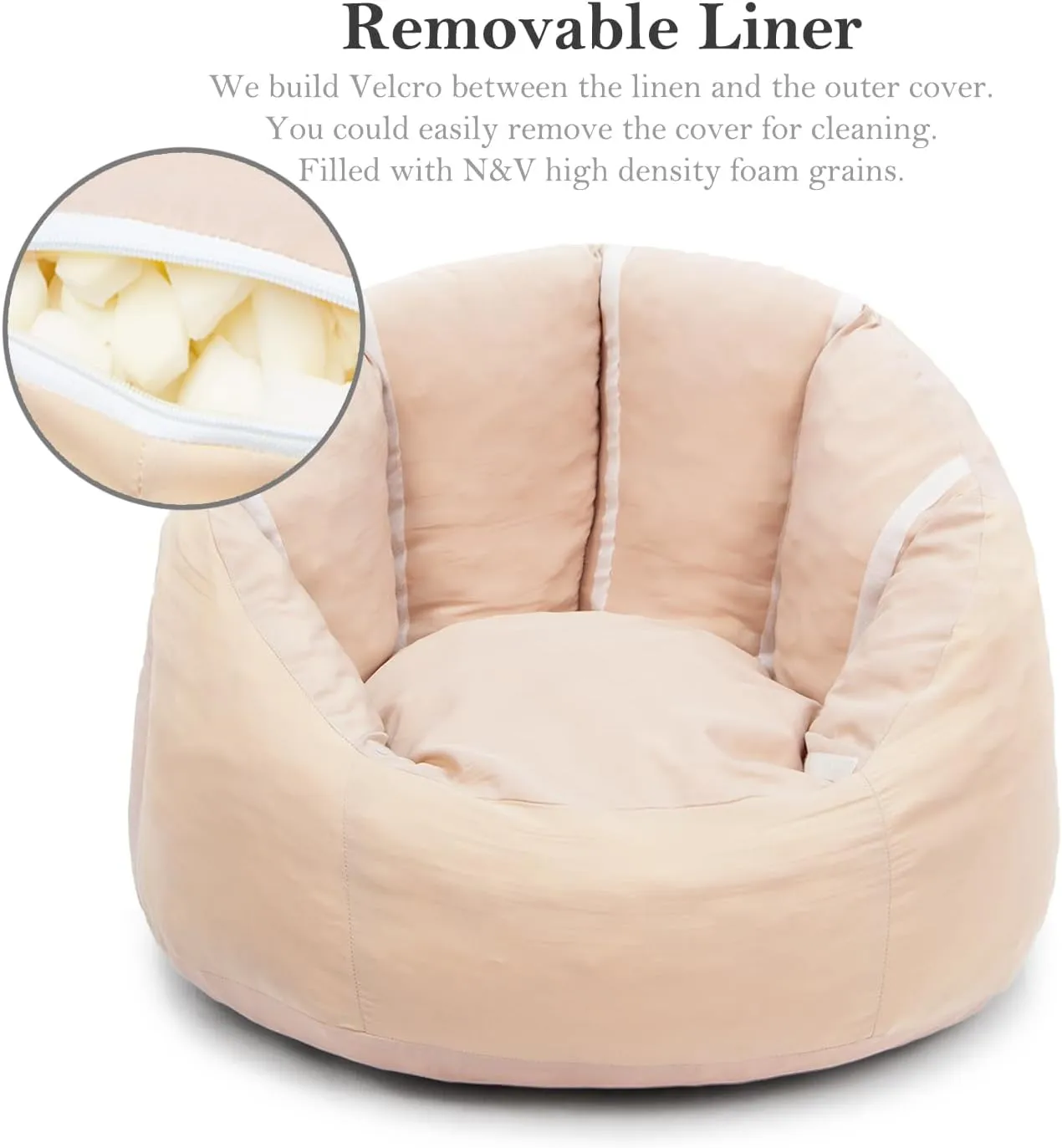 N&V Medium Shell Bean Bag Chair, Adult Size Bean Bag Sack, Foam Filling, Includes Removable and Machine Washable Cover, 37in, Soft Faux Fur, Champagne