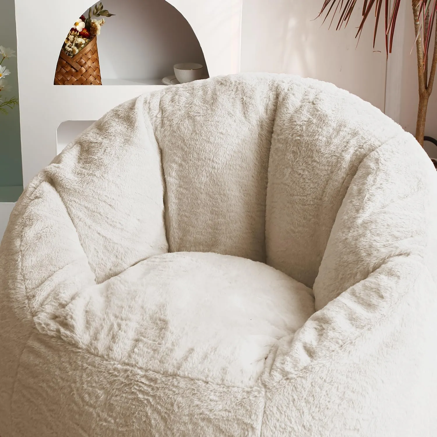 N&V Medium Shell Bean Bag Chair, Adult Size Bean Bag Sack, Foam Filling, Includes Removable and Machine Washable Cover, 37in, Soft Faux Fur, Champagne