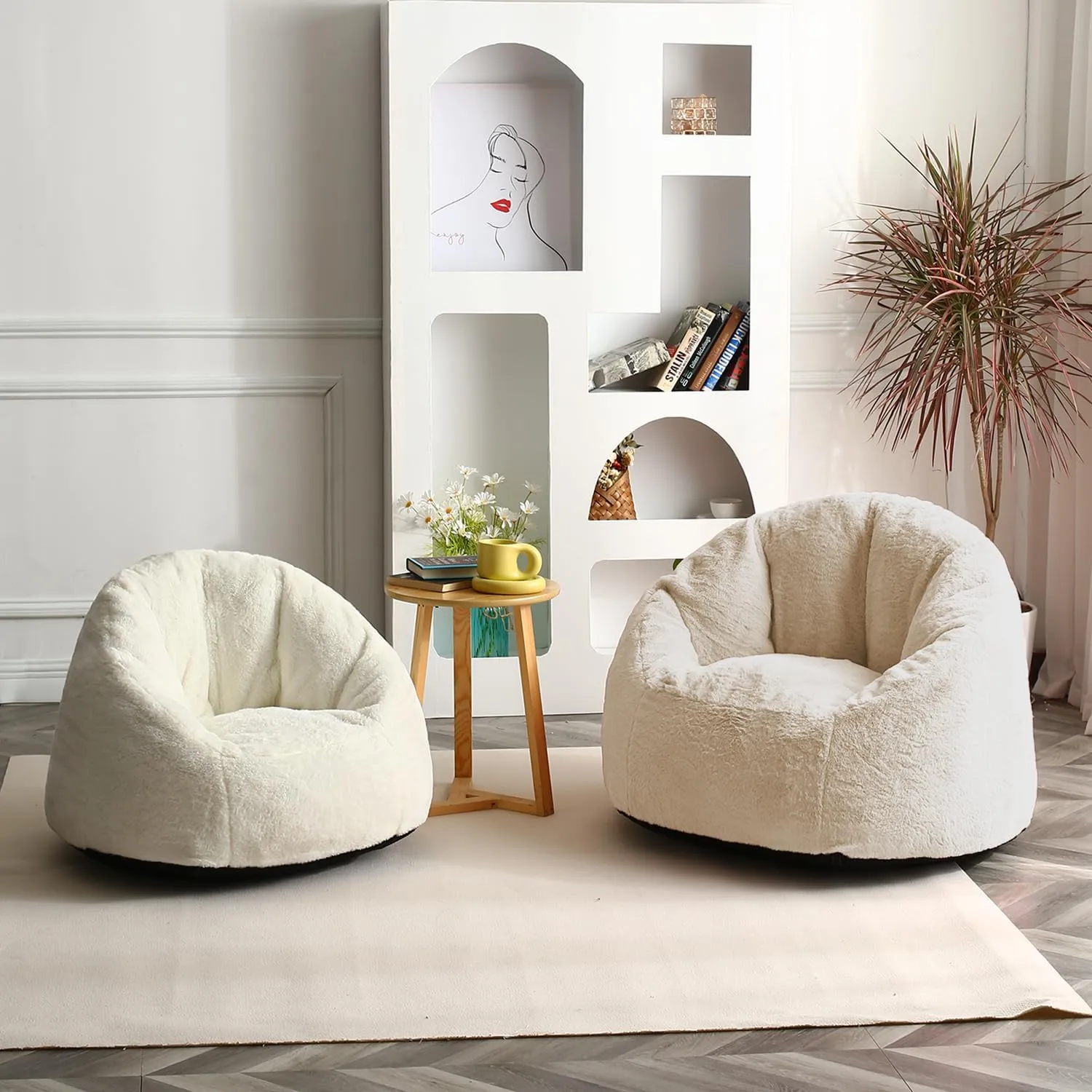 N&V Medium Shell Bean Bag Chair, Adult Size Bean Bag Sack, Foam Filling, Includes Removable and Machine Washable Cover, 37in, Soft Faux Fur, Champagne