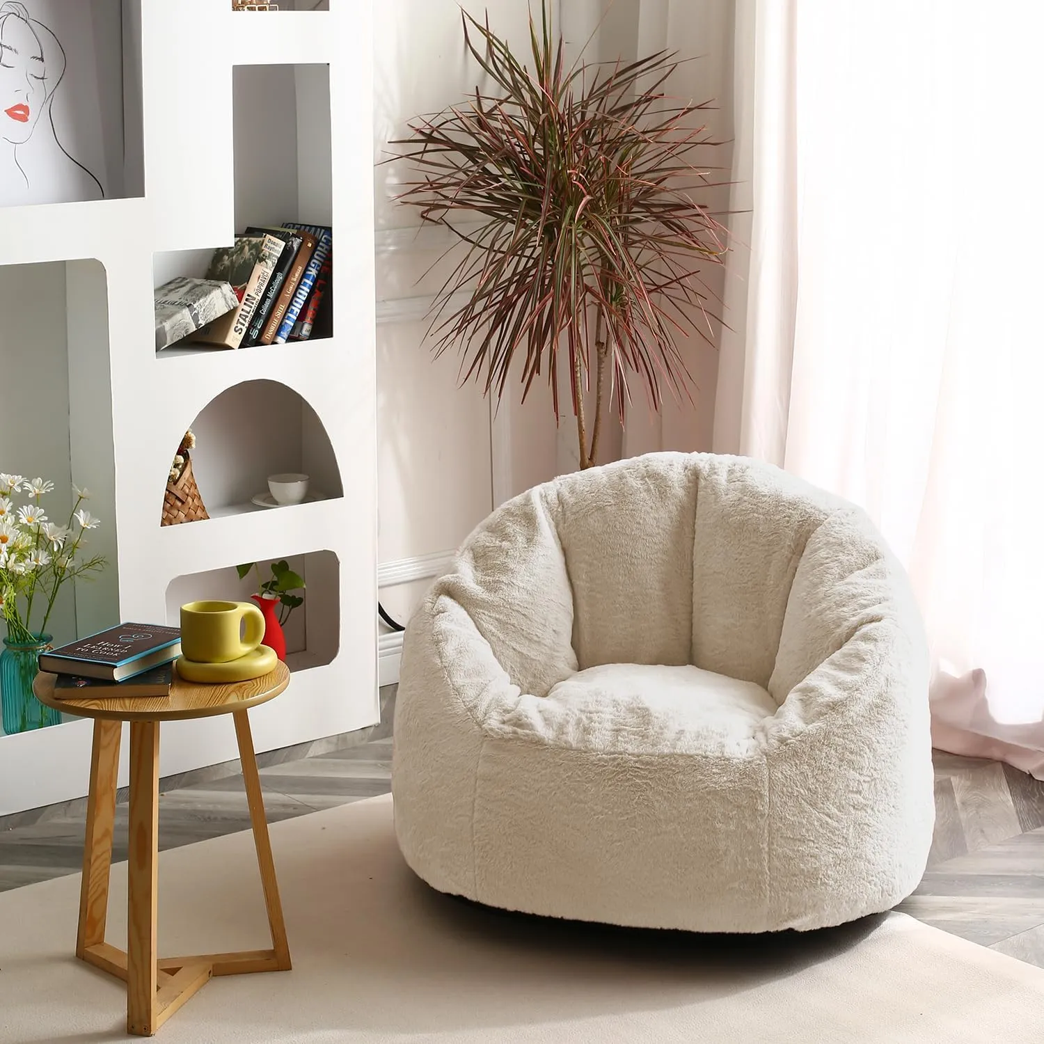 N&V Medium Shell Bean Bag Chair, Adult Size Bean Bag Sack, Foam Filling, Includes Removable and Machine Washable Cover, 37in, Soft Faux Fur, Champagne